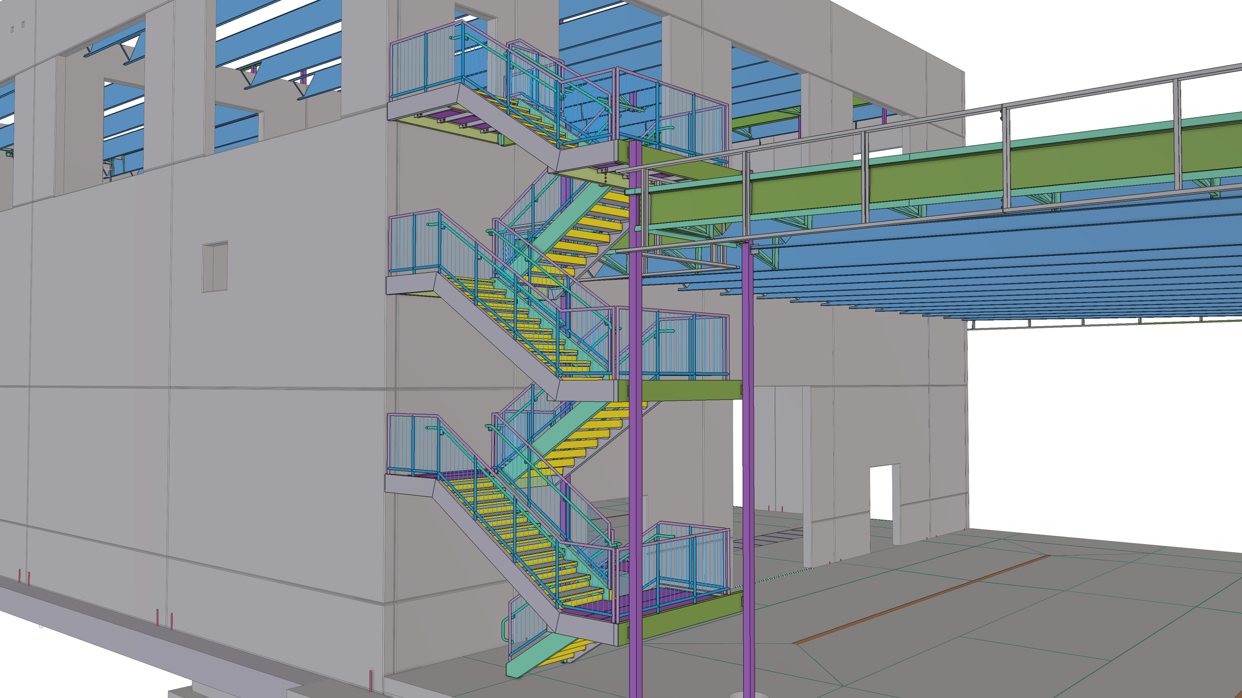 A digital architectural rendering of a building's staircase in a multistory structure, showing colored framework, railings, and steps.