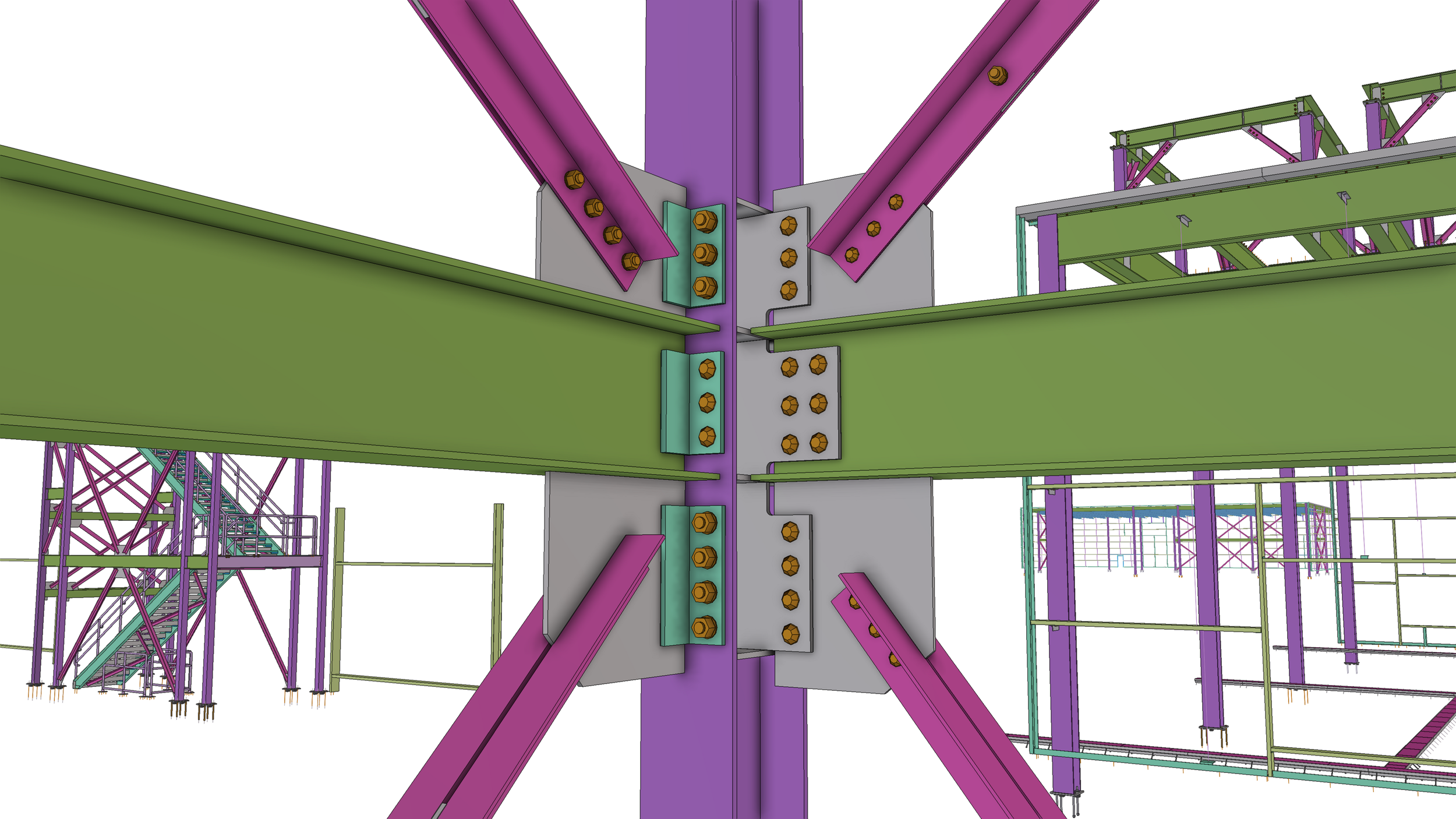 Colorful steel framework of a roller coaster under construction with purple, green, and gray beams, bolts, and structure members visible.