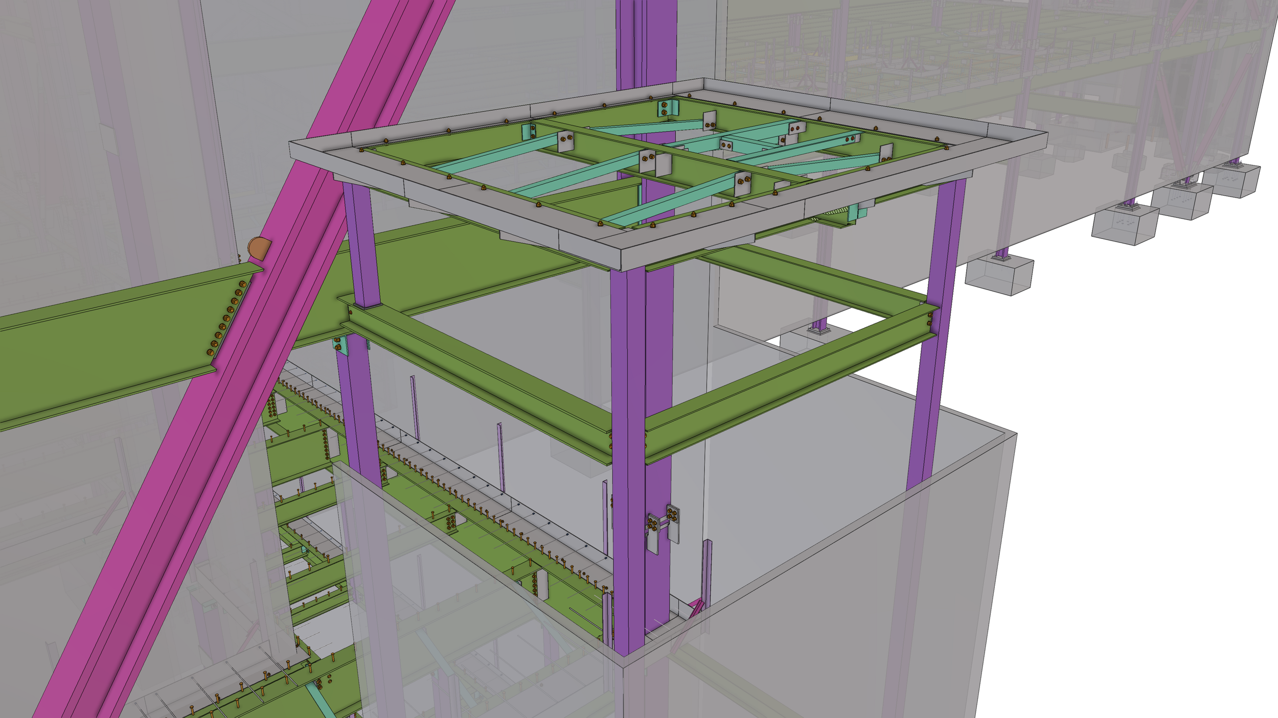 A 3D digital model of a building's structural framework, showing multiple floors with steel beams in purple, green, and teal colors, and various support elements and connections.