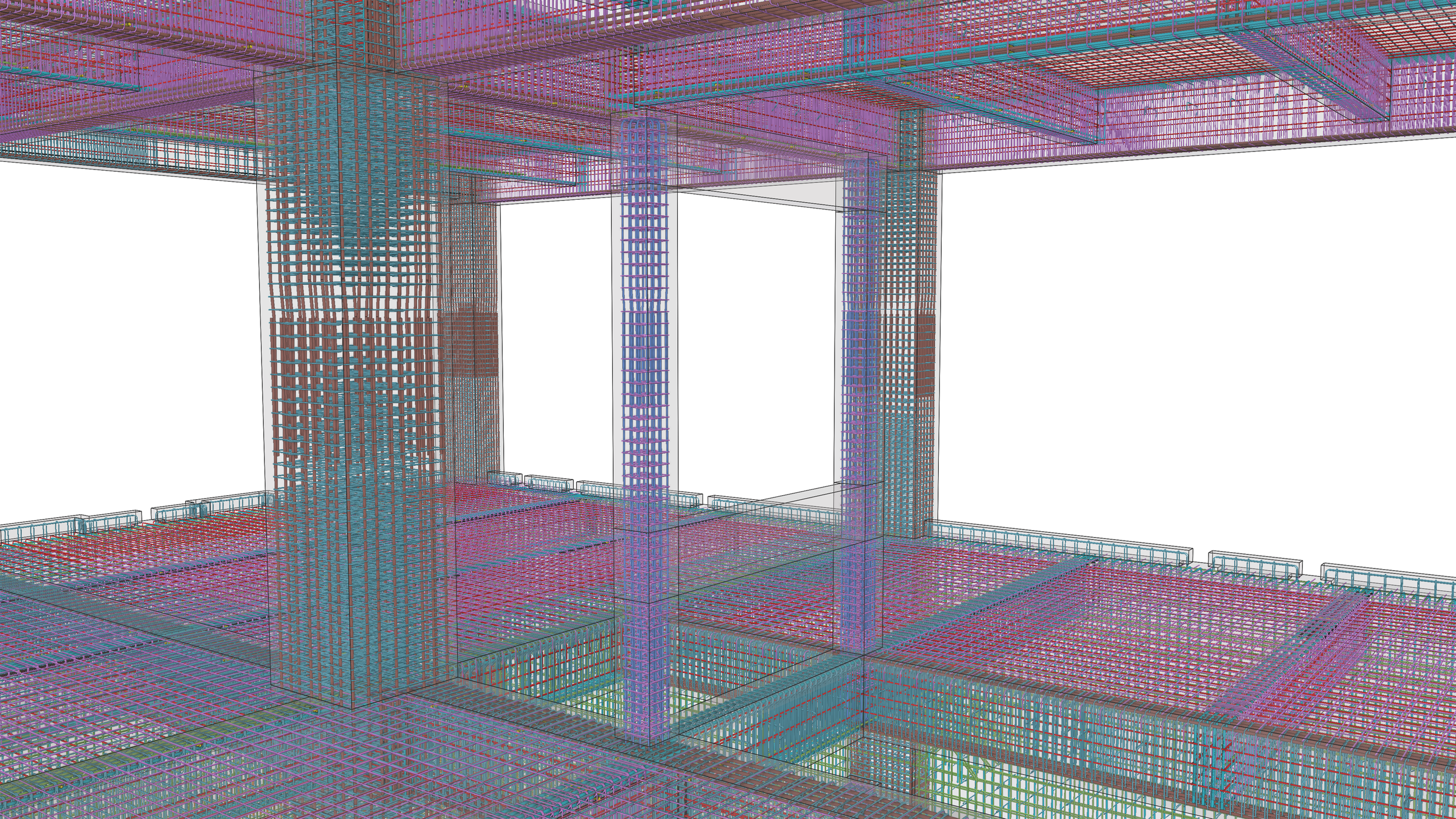 A colorful 3D computer model of a building's structural framework showing steel beams and supports in various colors.