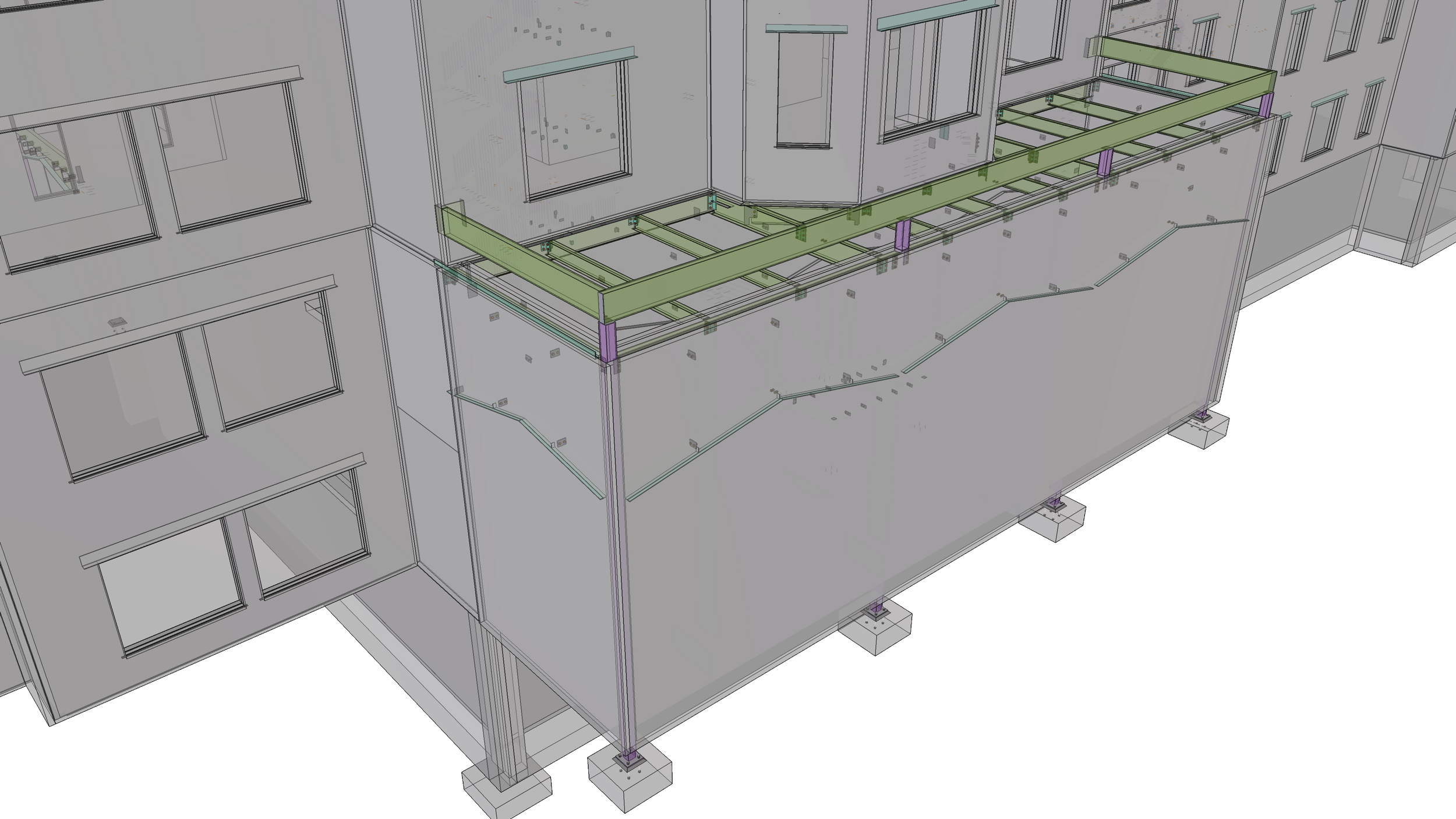 Architectural 3D model of a building's exterior with a balcony area under construction, showing framework, supports, and exterior walls with windows.