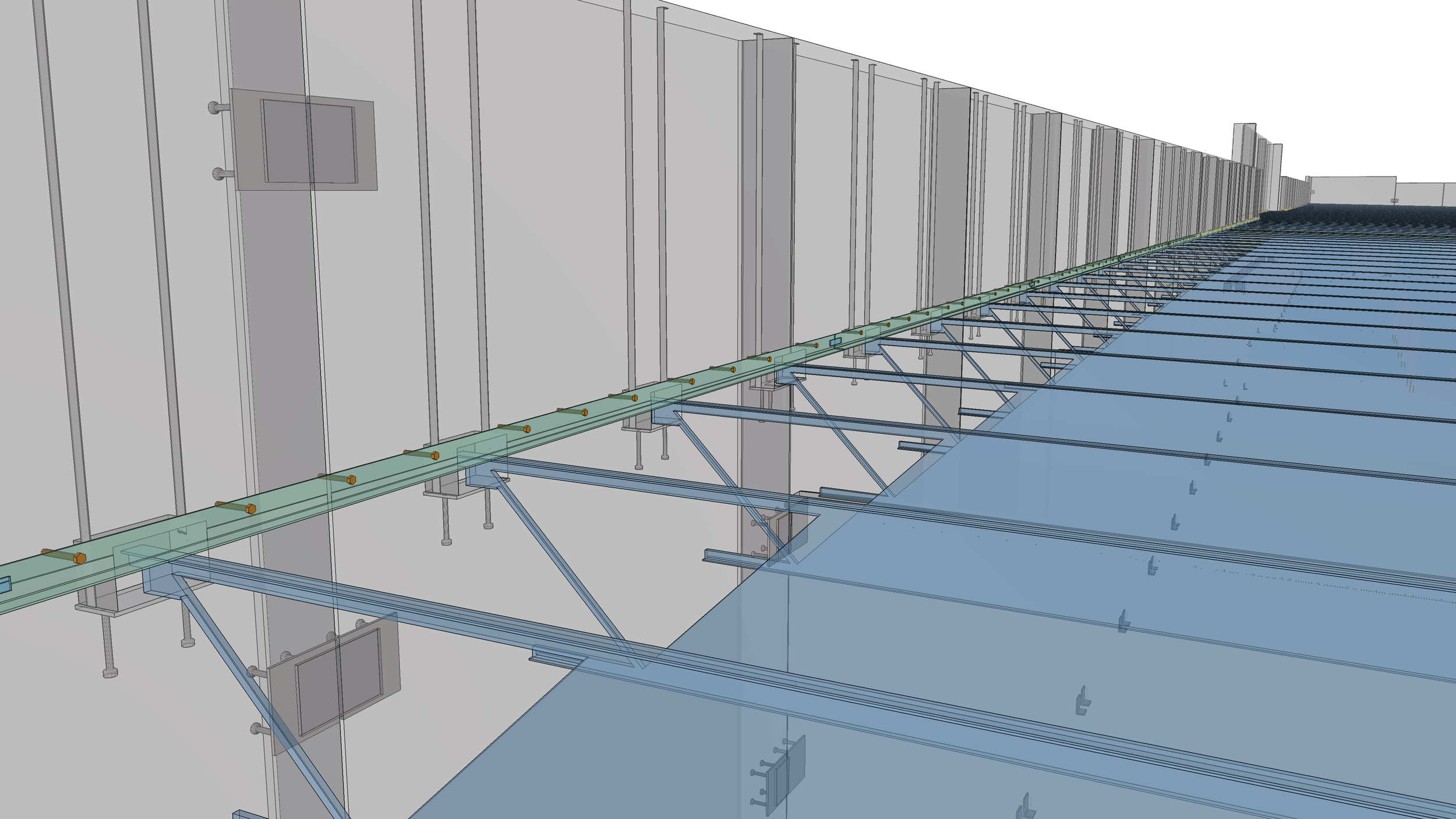 3D model rendering of a building's exterior wall with structural framing, a window, and a glass walkway supported by blue steel beams.
