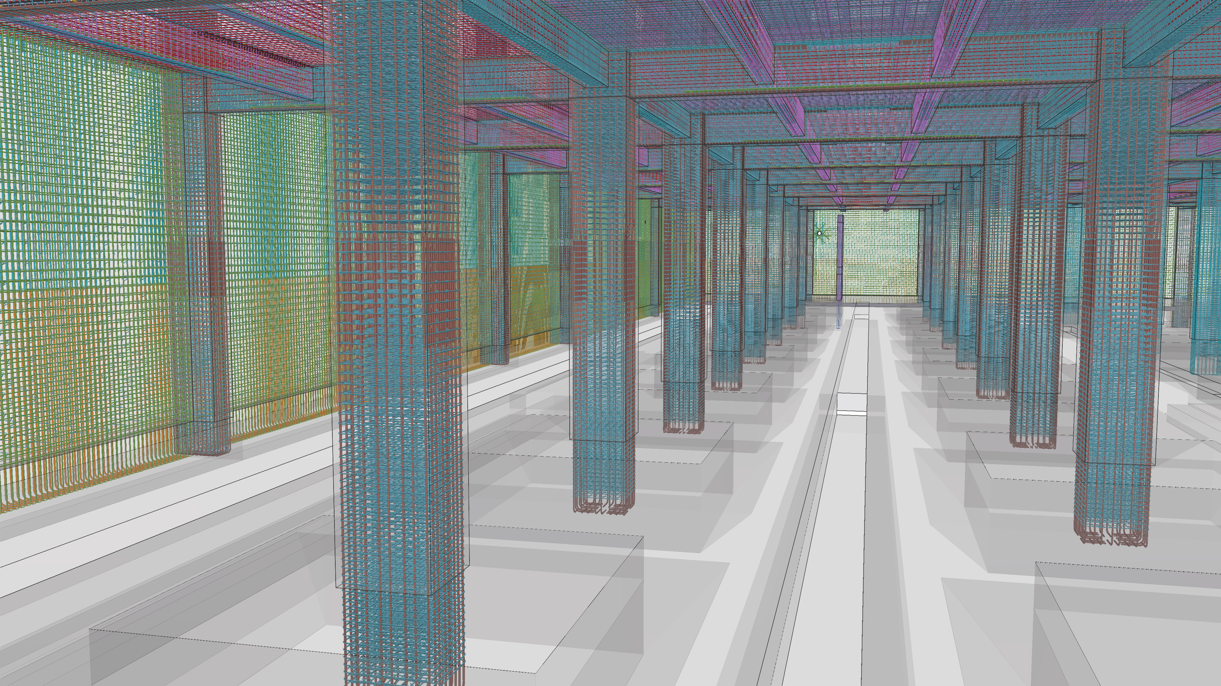 Digital 3D render of a building's structural framework with multiple columns and beams, featuring colorful wireframe details in teal, purple, pink, and yellow.