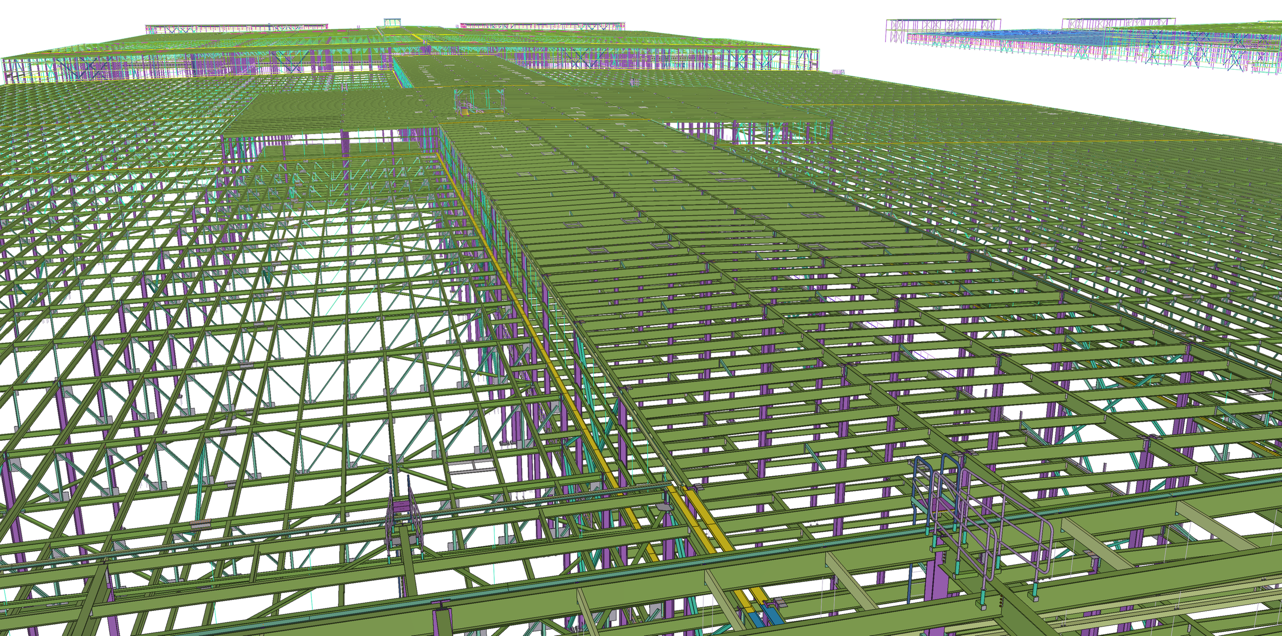 3D digital model of a large building under construction showing steel framework in green, purple, and blue, with multiple levels and scaffolding.