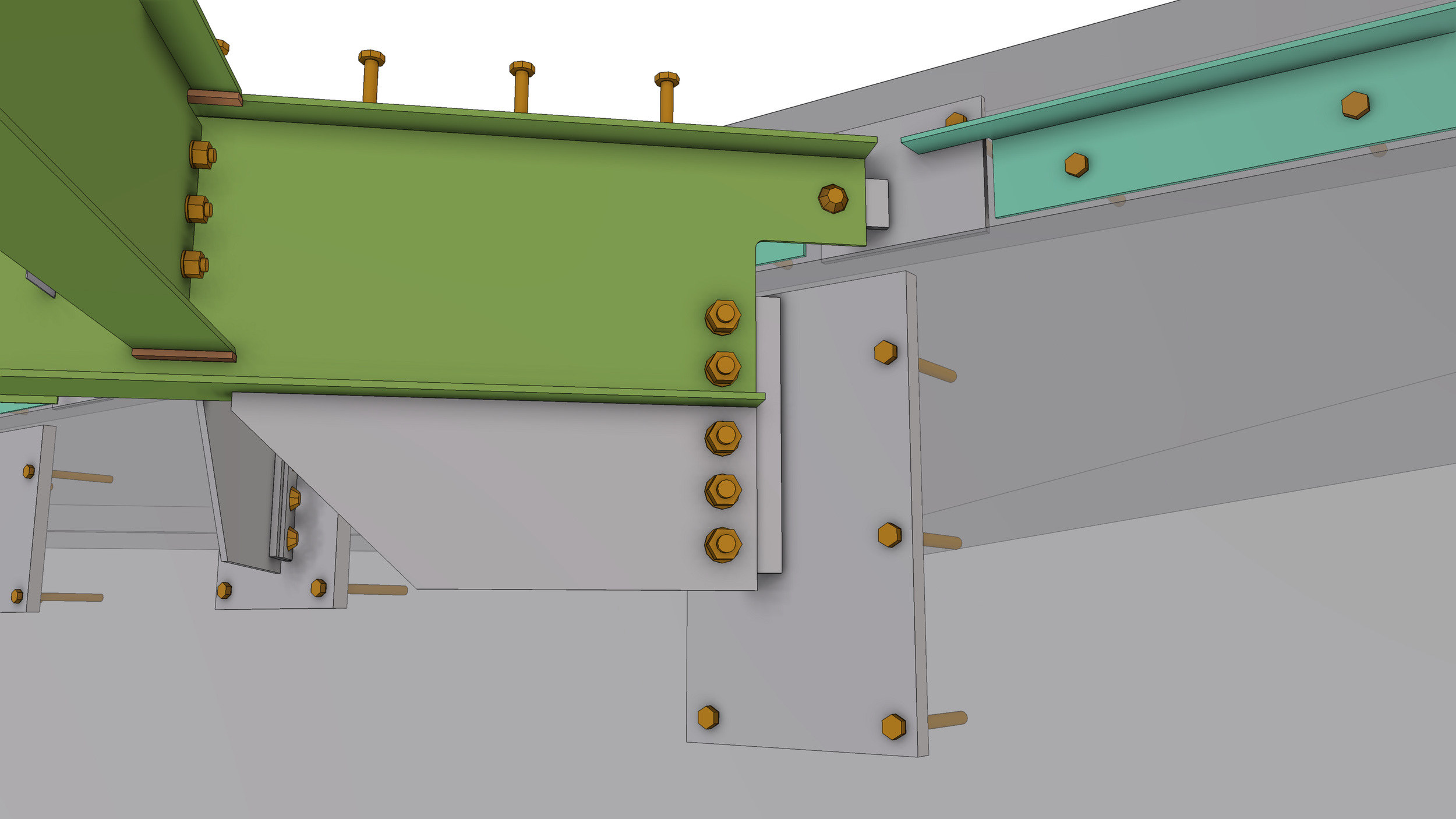 A digital rendering of a mechanical structure with green, gray, and teal metal parts fastened together with numerous large, gold-colored bolts.