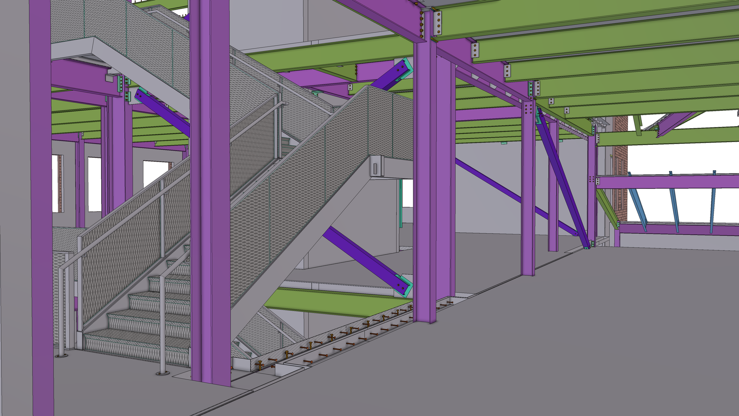 3D model of a building's structural framework with purple steel beams, green floors, and metal stairways and railings.