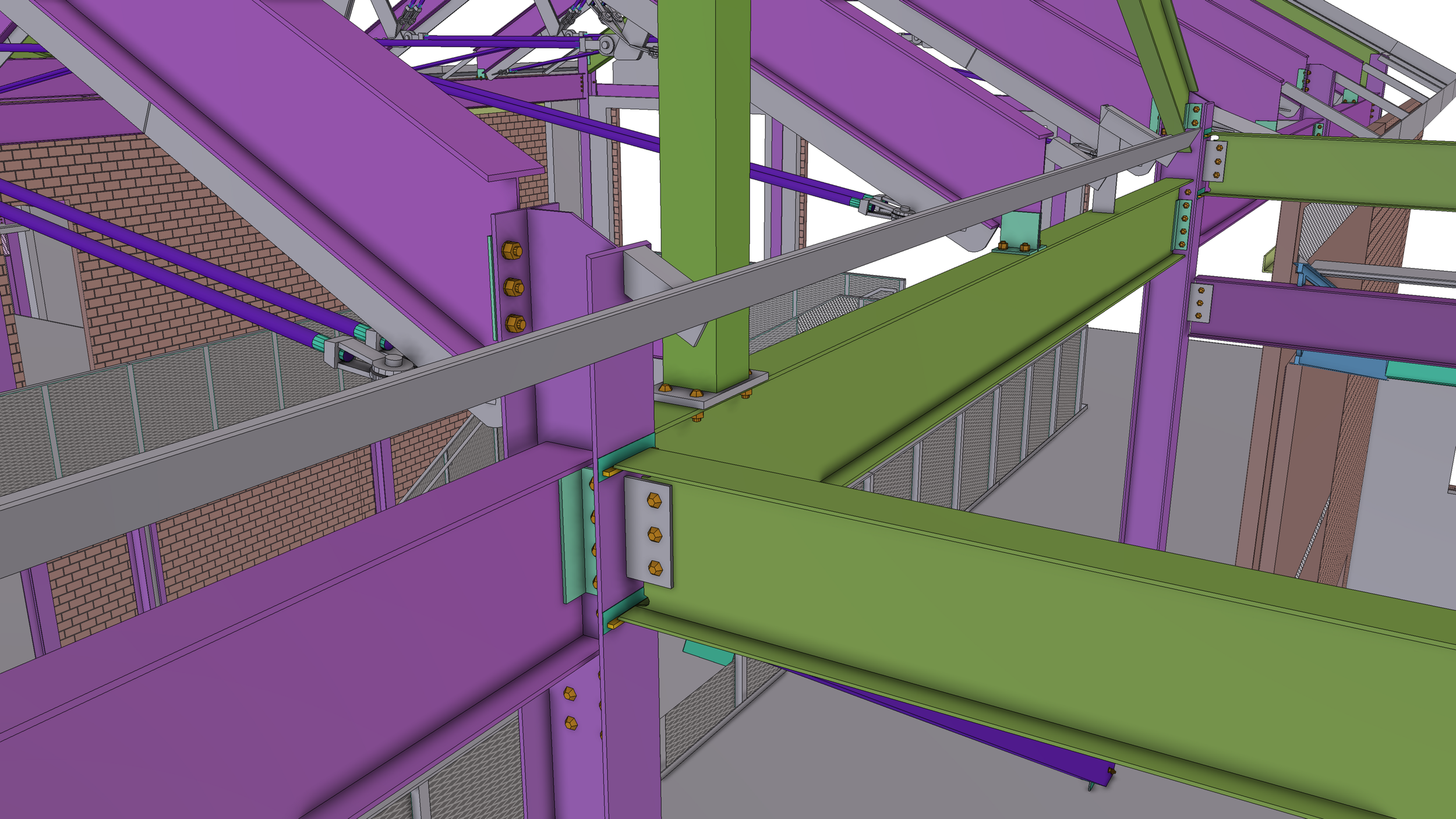 A digital rendering of a construction framework with purple, green, gray, and brown structural elements, including metal beams, bolts, and mesh safety barriers, positioned around brick walls.