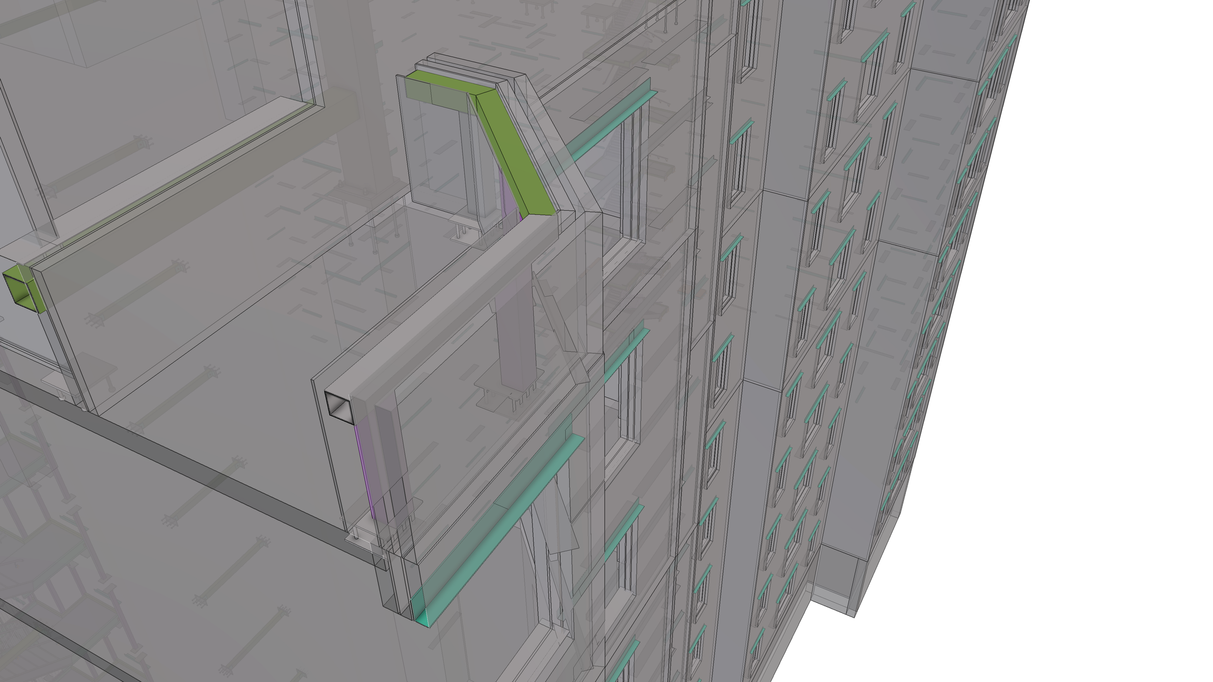 A digital architectural rendering of a multi-story building showing structural elements, glass windows, and a rooftop area with a green and purple design feature.