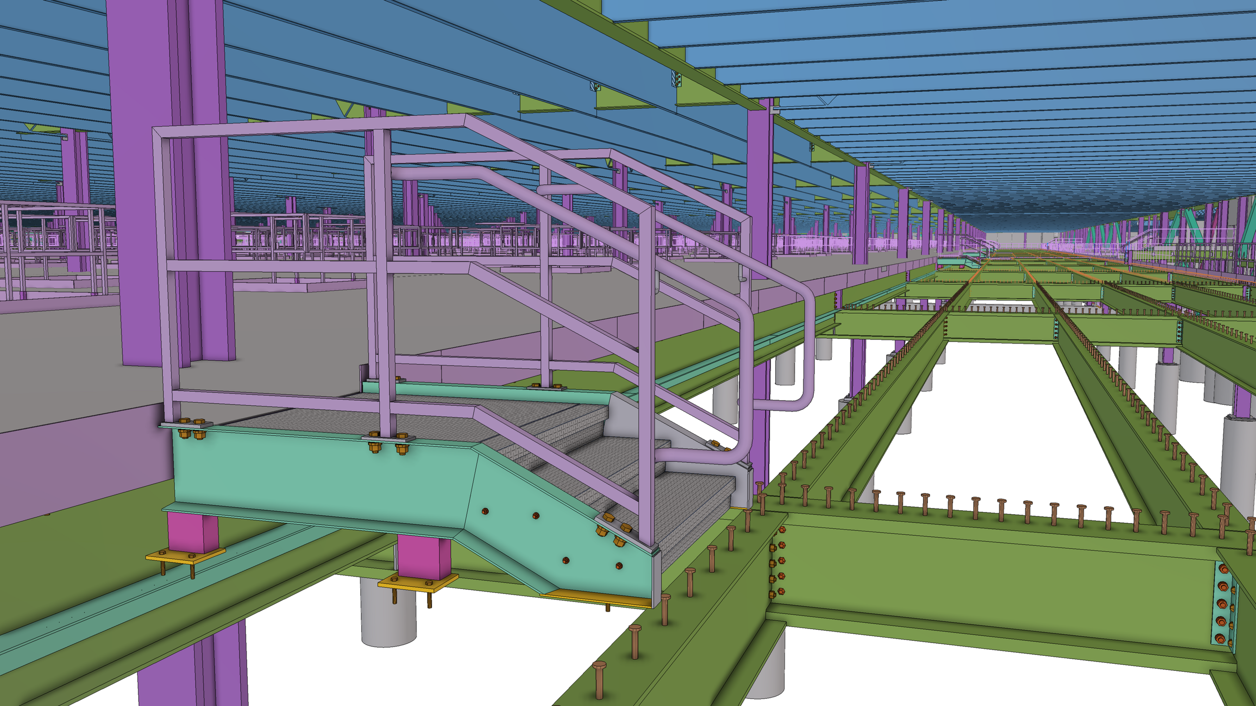 A colorful engineering or architectural 3D model of a multi-level structure with various pathways, stairs, and support columns, featuring purple, green, blue, and yellow elements.