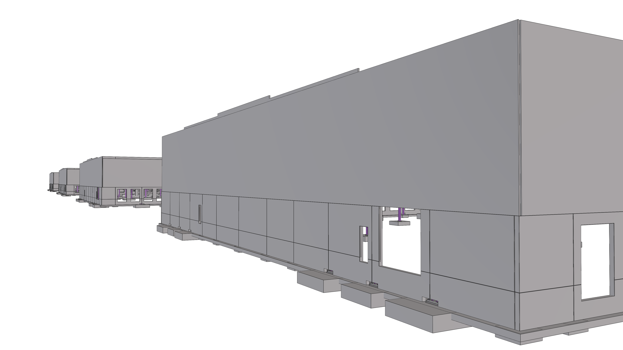 3D model rendering of a mechanical or architectural structure, showing interconnected gray panels and machinery components on a flat surface.