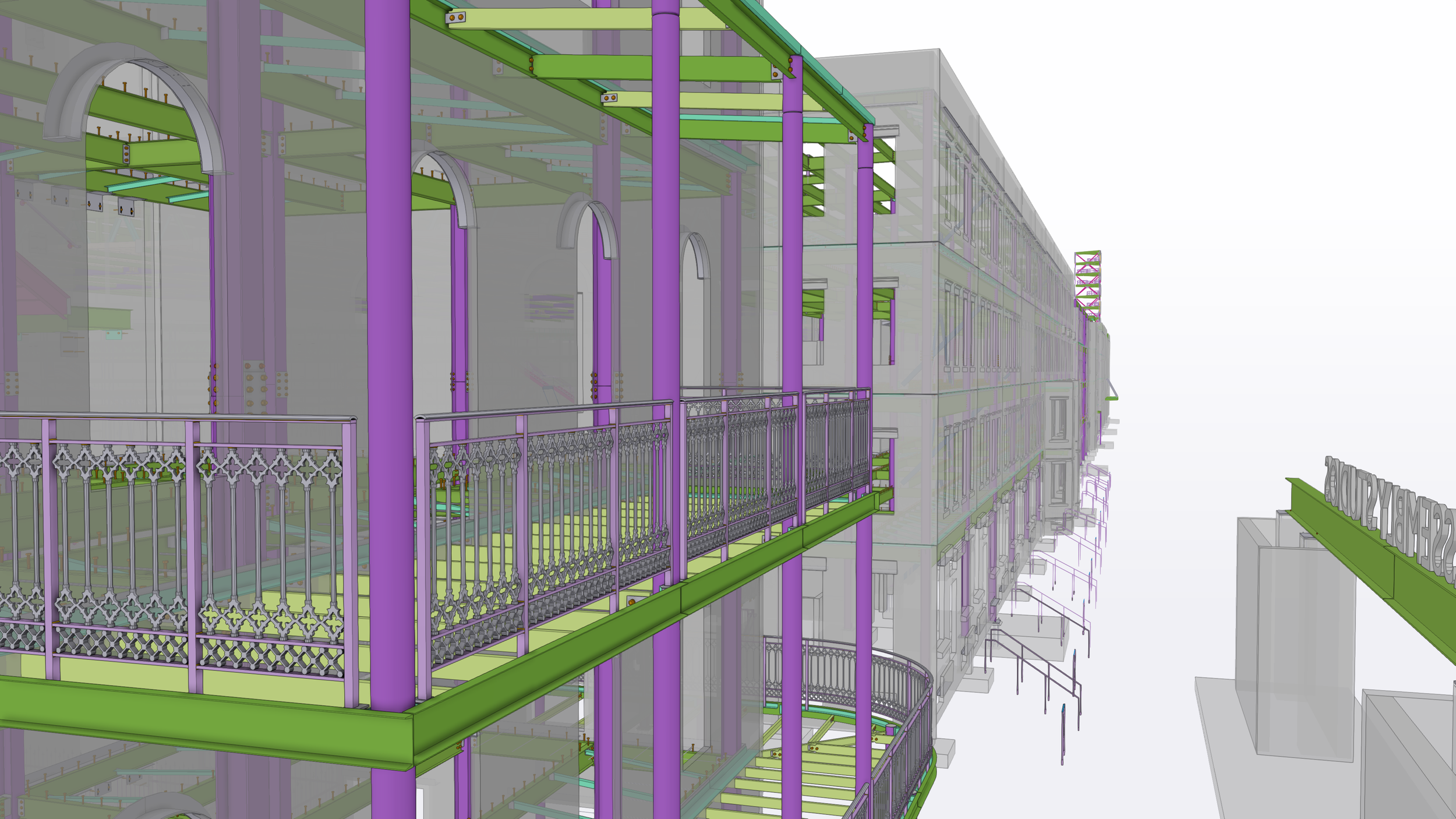 3D digital rendering of building framework with purple vertical beams, green horizontal beams, and decorative purple railings on a balcony, with architectural details and multiple floors visible.