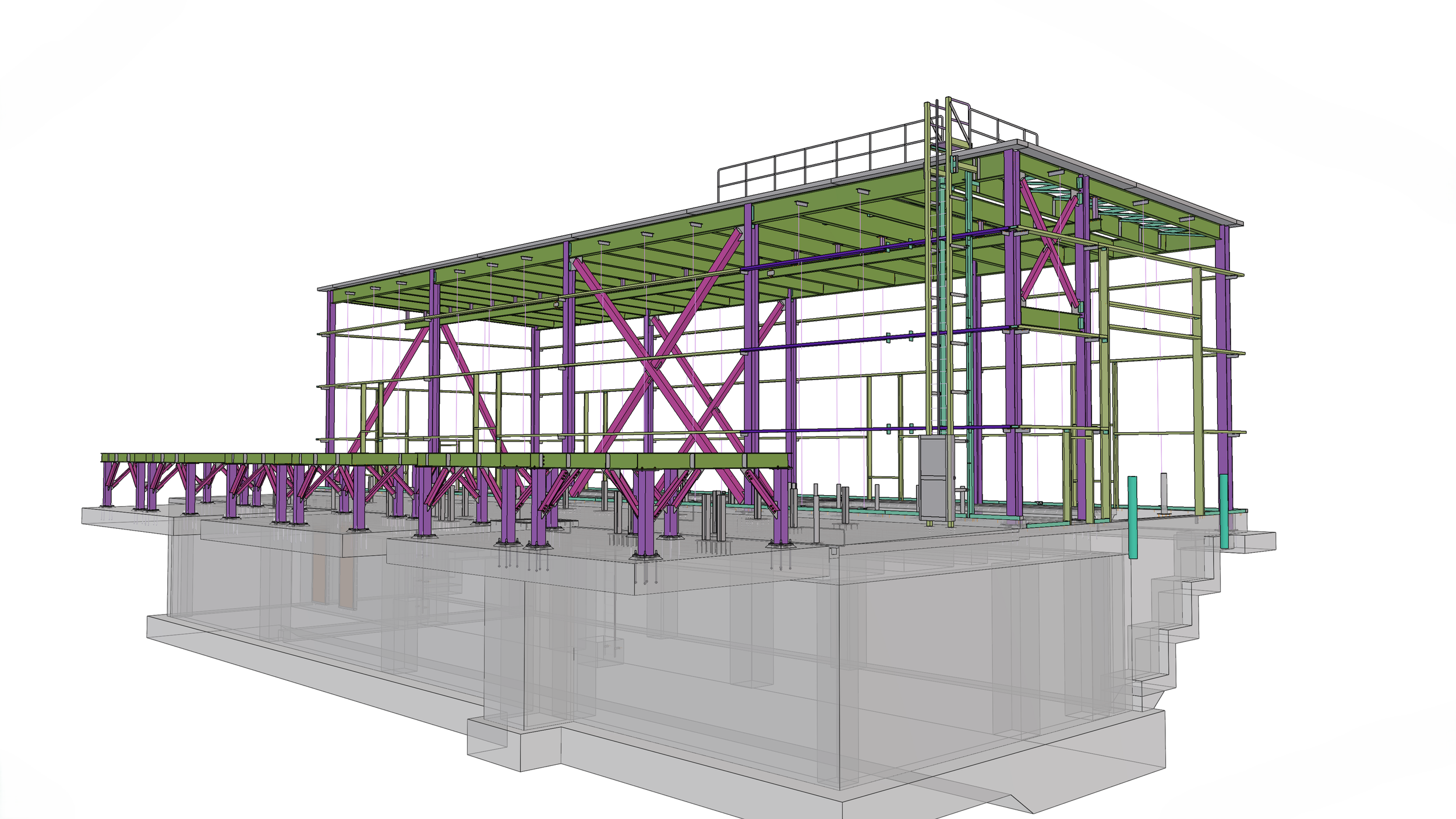 Structural engineering model of a multi-story building framework with colorful beams and supports.