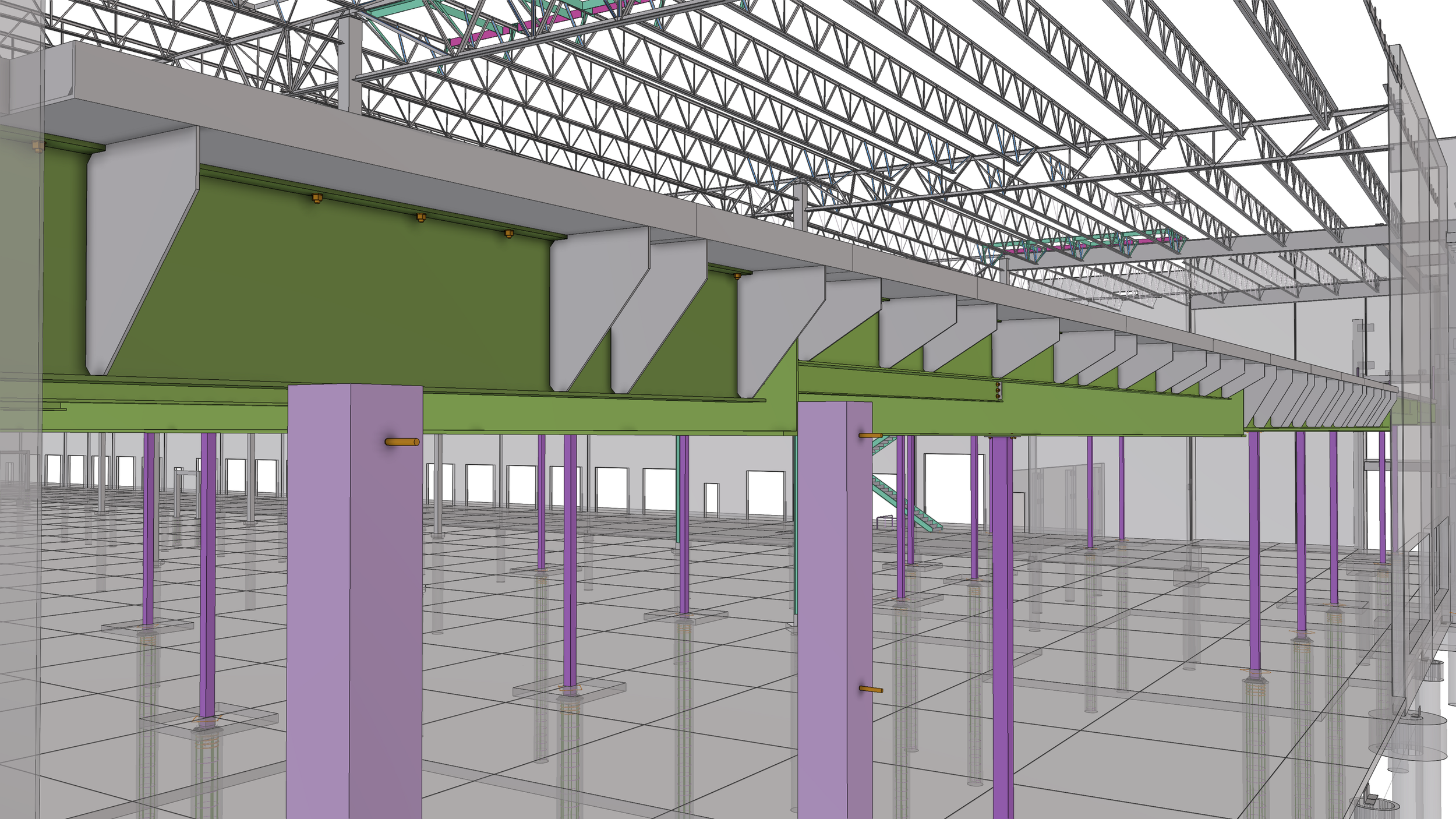 A computer-aided design rendering of the interior framework of a large building, showing steel beams, support columns, and structural elements in various colors including green, purple, and gray, with a grid-patterned floor and a transparent ceiling 