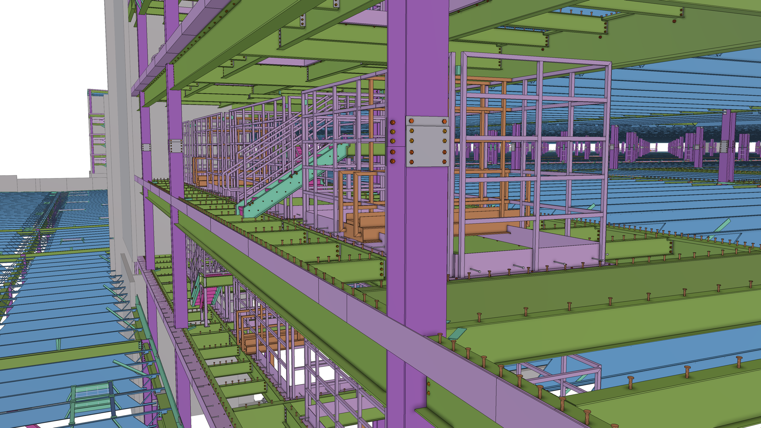 A detailed 3D model of a building under construction showing steel framing and structural elements in various colors.