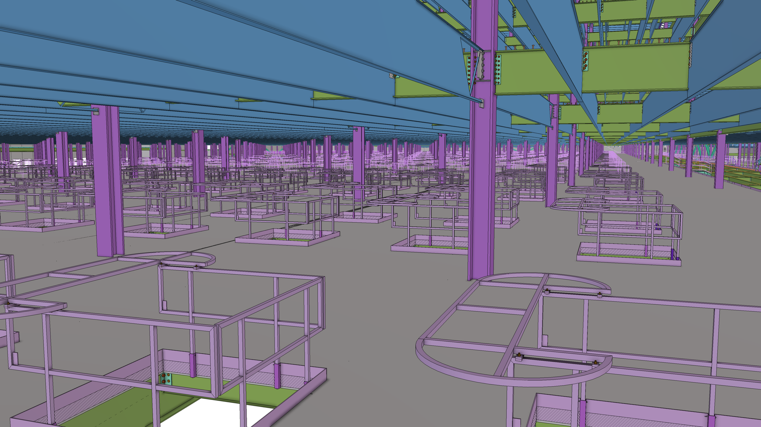 Digital rendering of an indoor amusement park or playground structure with multiple platforms, rails, and interconnected pathways in purple, green, blue, and gray colors.
