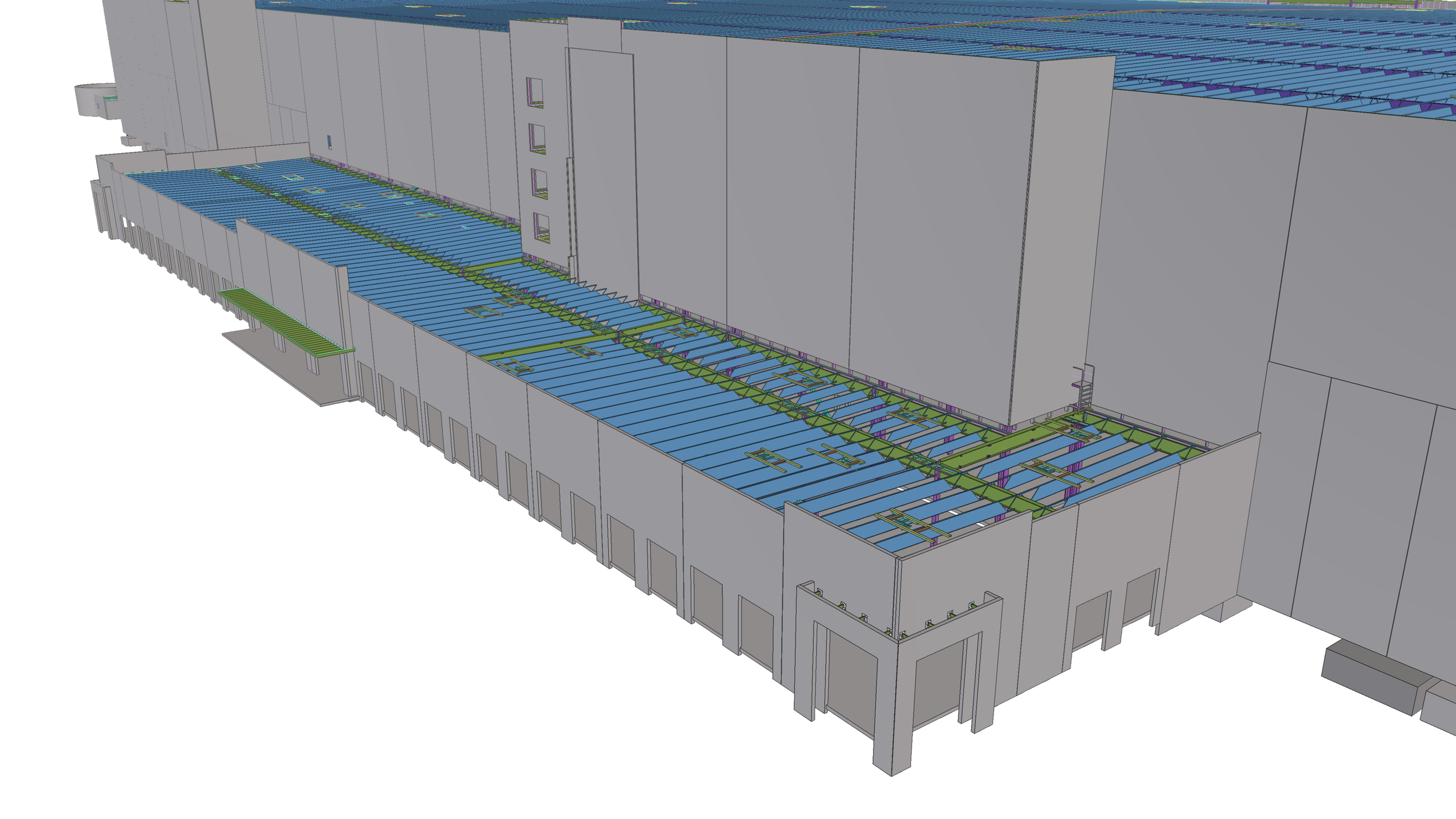 A detailed architectural 3D model of a building's interior structure showing a multi-level framework with blue panels, green support beams, and various openings and fixtures.