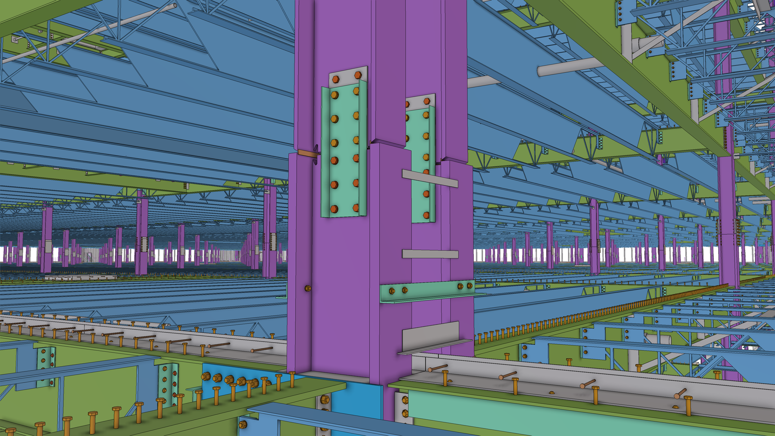 Color-coded structural framework of a building under construction with purple, green, blue, and yellow steel beams and bolts.
