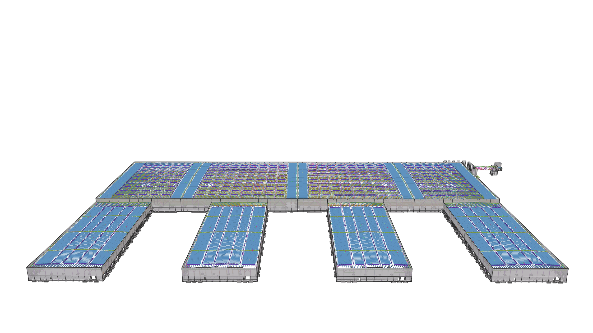 A digital illustration of a large solar panel farm with multiple rows of solar panels arranged in a grid pattern, set on a flat terrain.