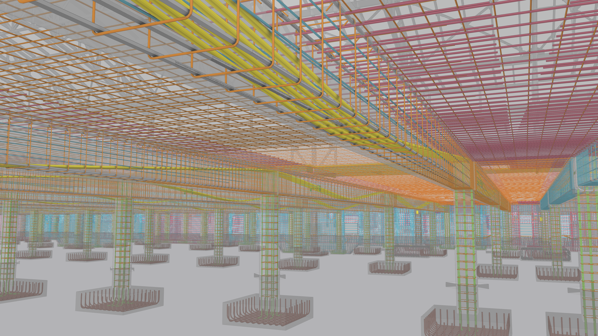 3D rendering of a building's framework showing numerous steel beams and orange cross-bracing, with multicolored conduits and pipes running across the ceiling and support columns.