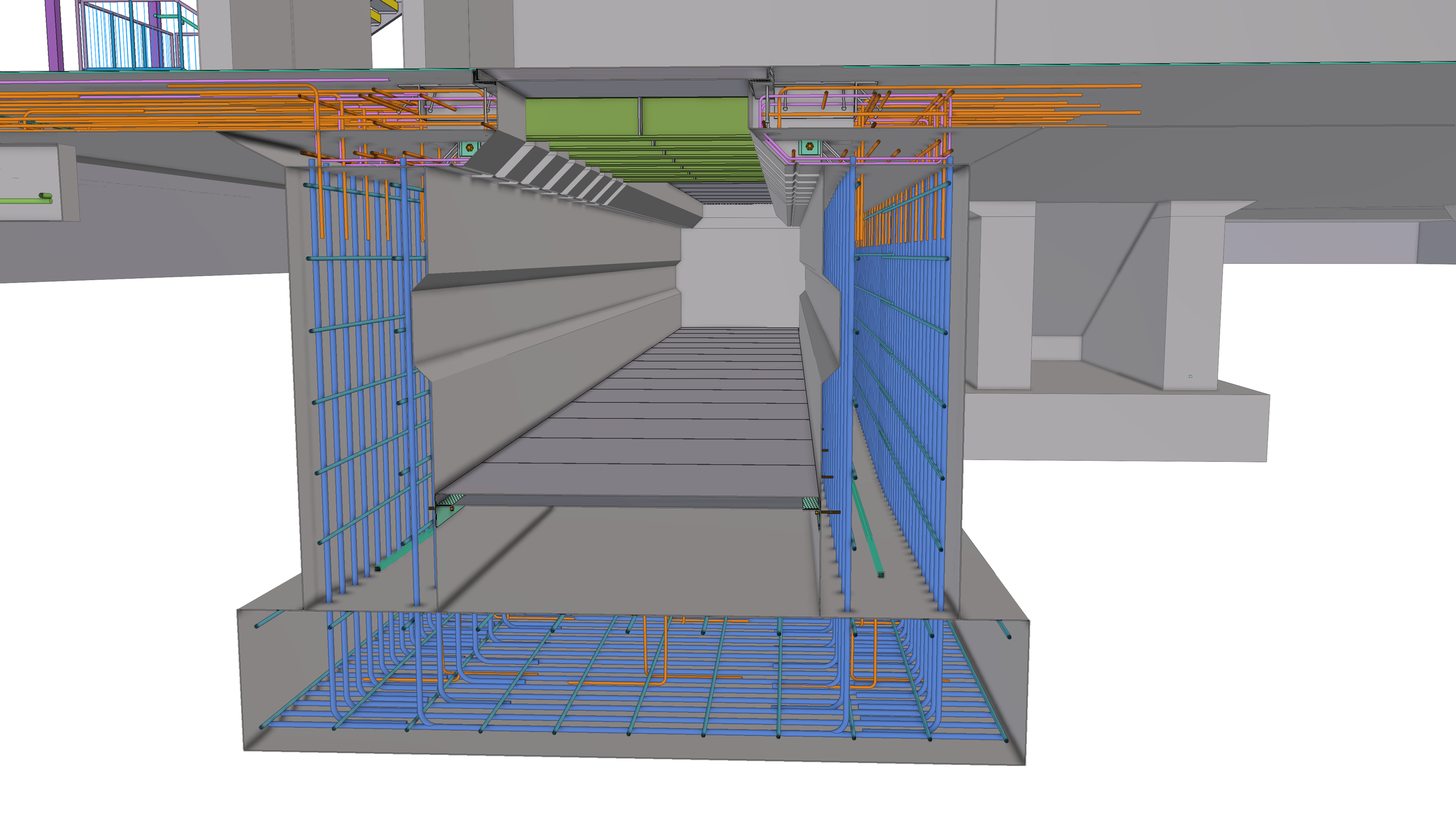 3D model of a building's interior infrastructure with colorful pipes and wiring, including staircases and structural elements.