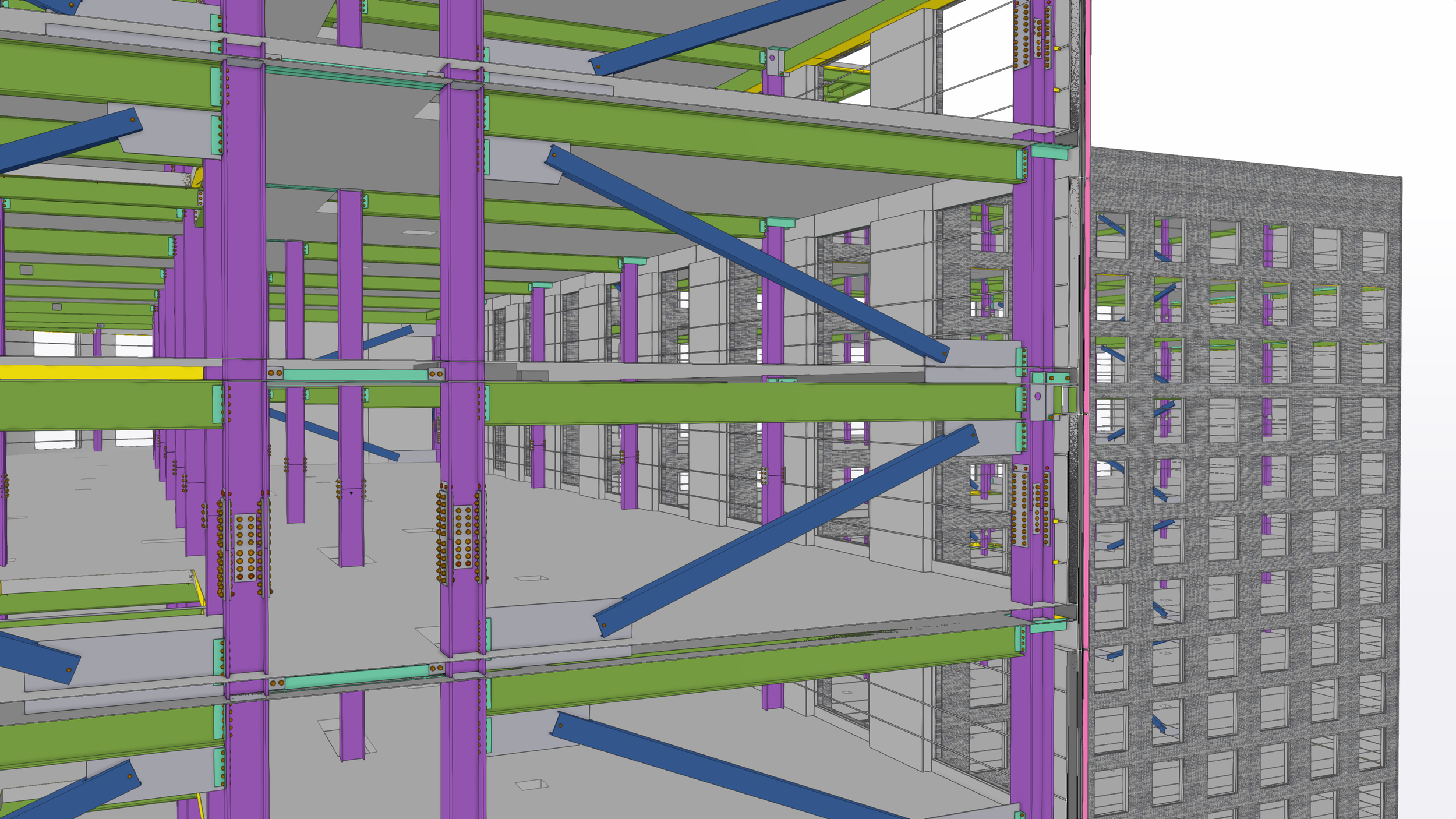 Digital architectural rendering of a multi-story building with structural framework, including green horizontal beams, purple vertical supports, blue diagonal braces, and windowed facades.