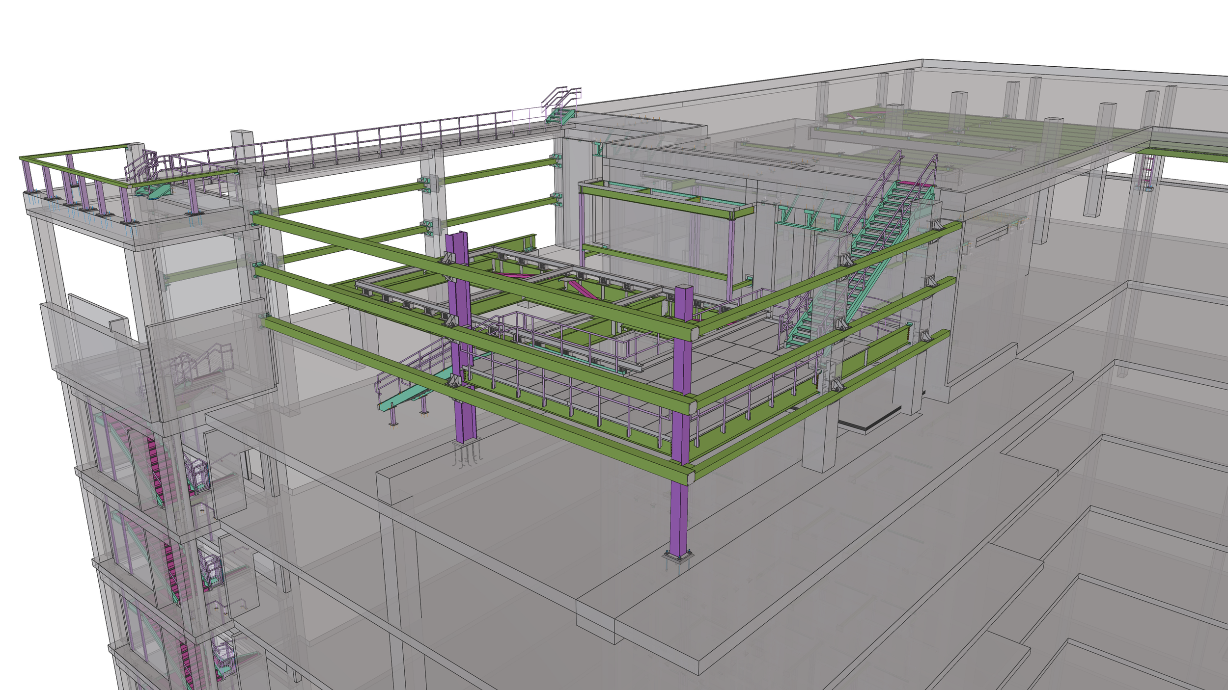 A digital architectural rendering of a multilevel building with visible structural steel beams, staircases, and railings.