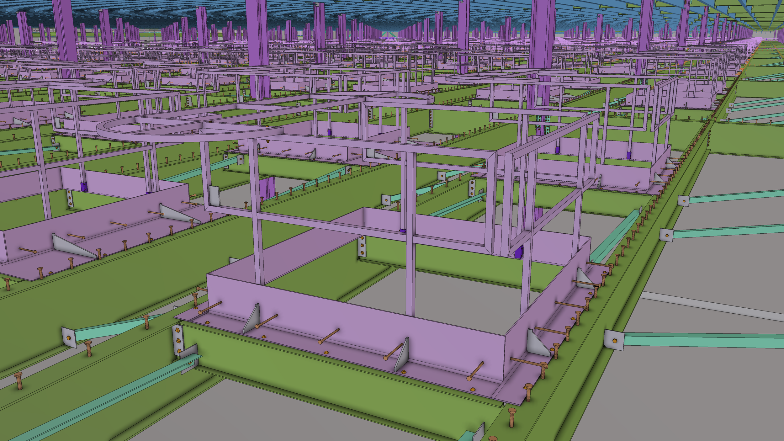 A digital 3D model of a large construction site with a steel framework, mostly painted in purple, with green flooring and some blue and yellow elements.
