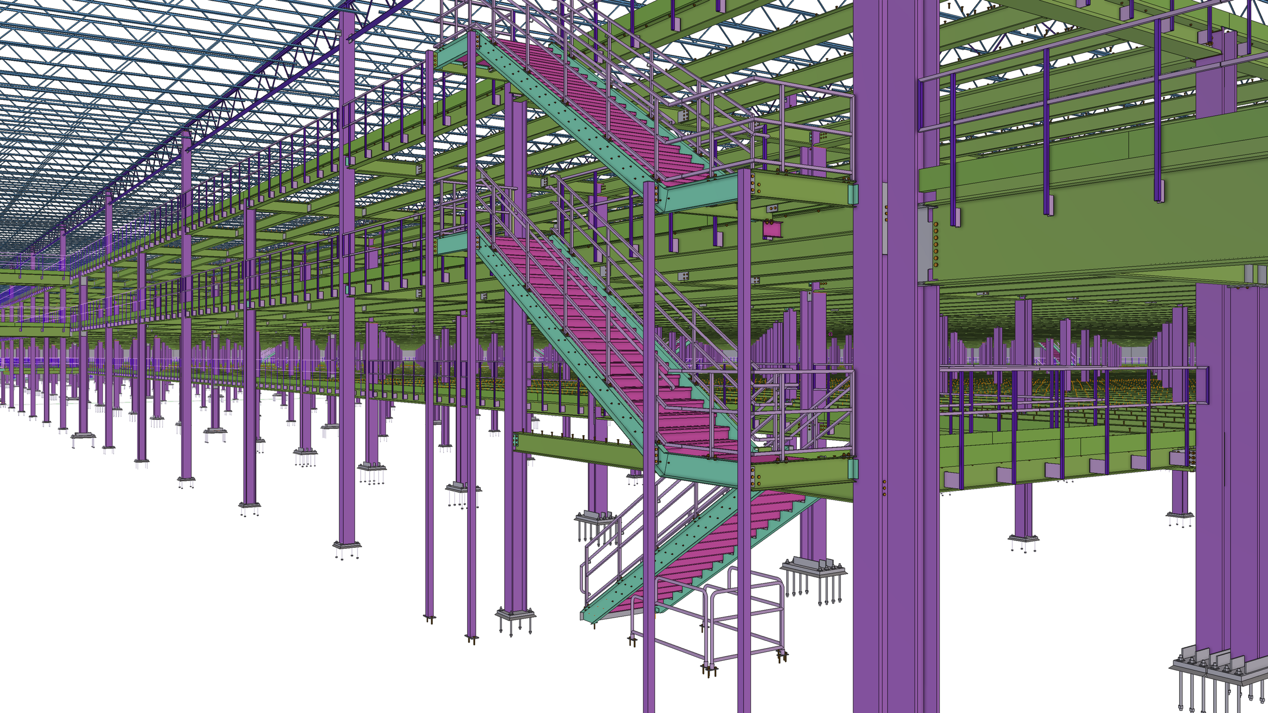Structural steel framework of a building under construction with purple columns, green beams, and pink stairs.