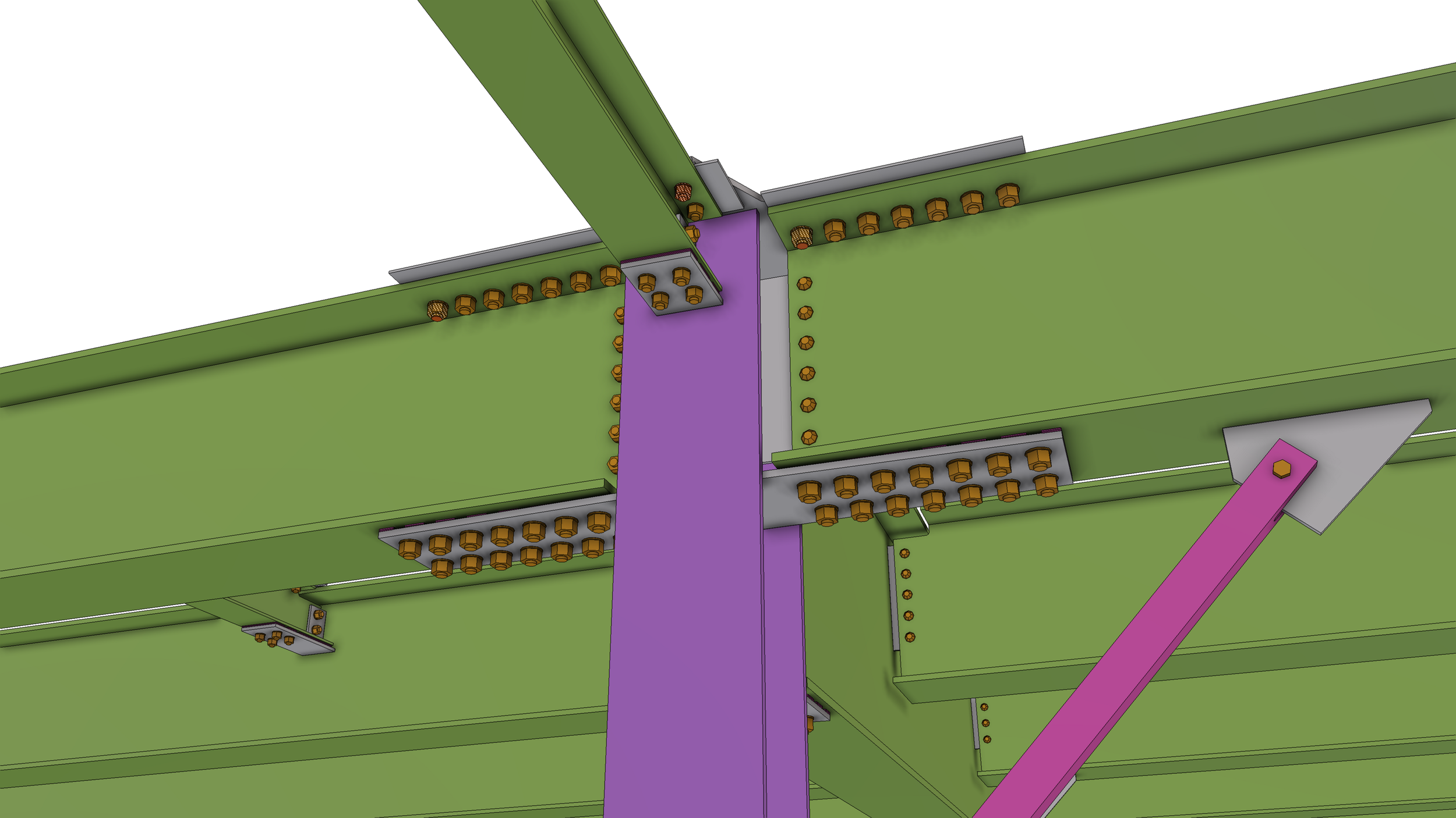 3D model of a steel structure with green beams, purple supports, gray plates, and orange bolts.