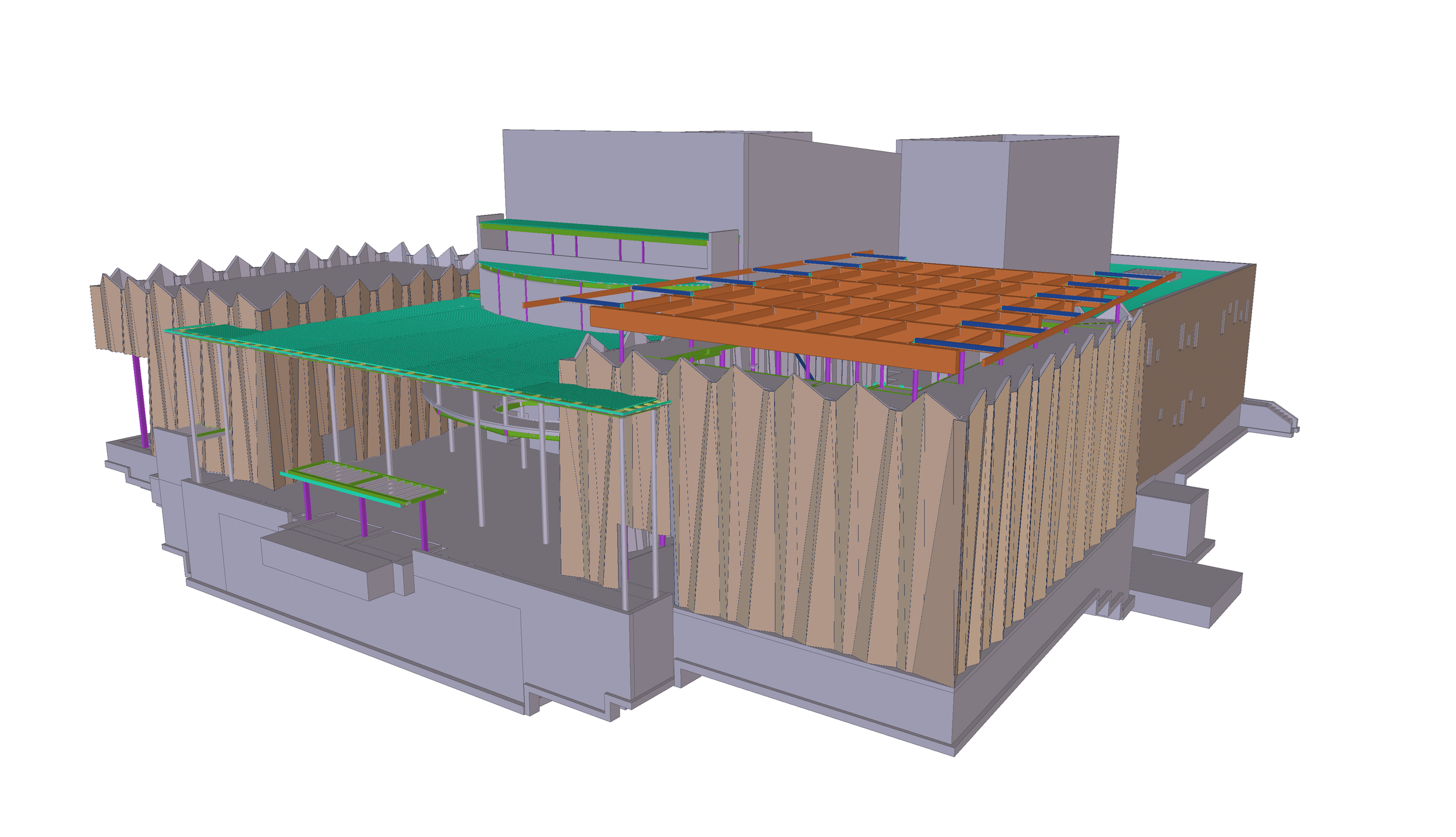 3D architectural model of a building with mixed materials, including wood, concrete, and metal, featuring various structural elements, walls, and what appears to be roofing or ceiling framework.