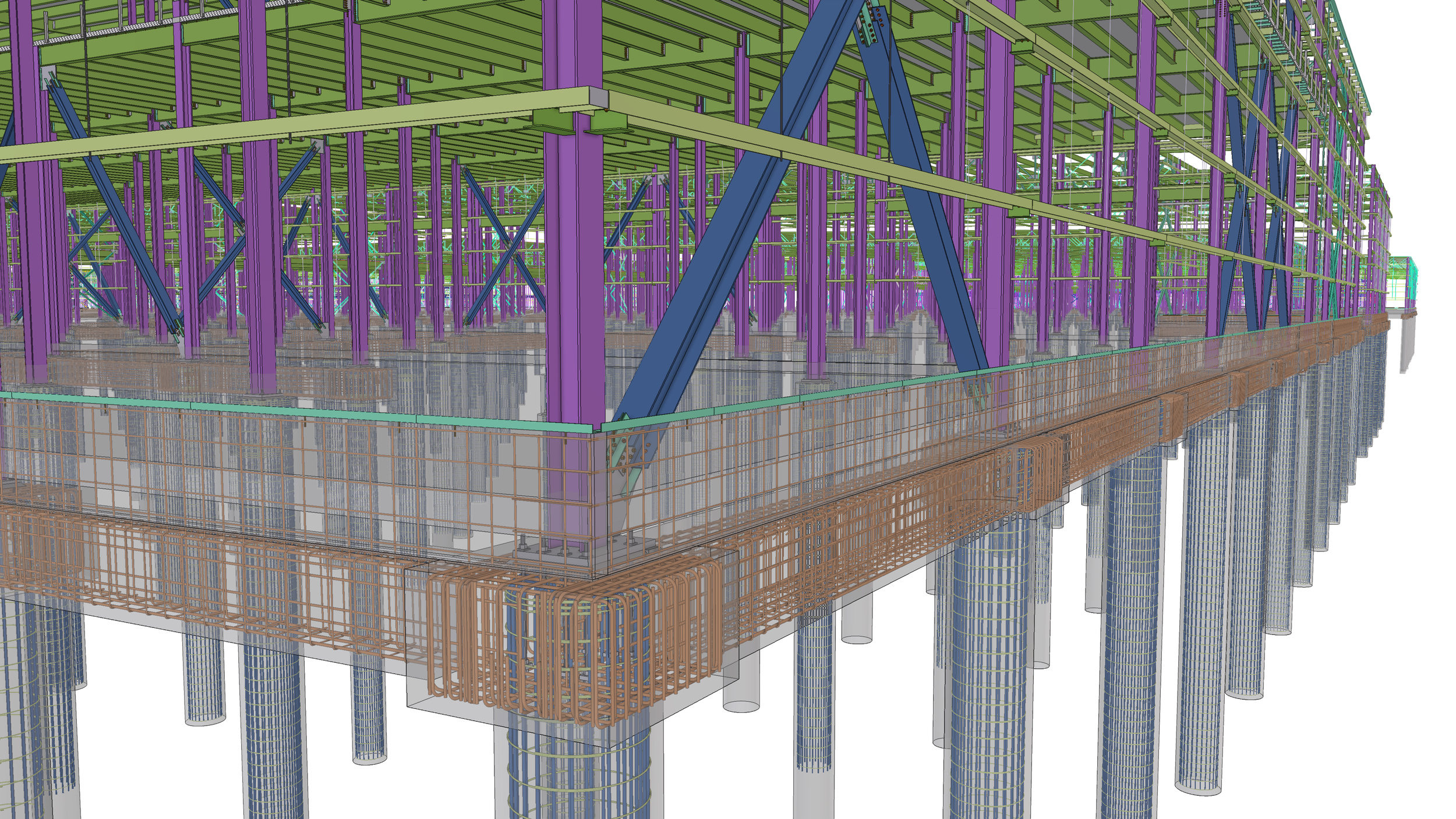 Structural framework of a building under construction, showing steel beams, columns, and support structures in various colors.