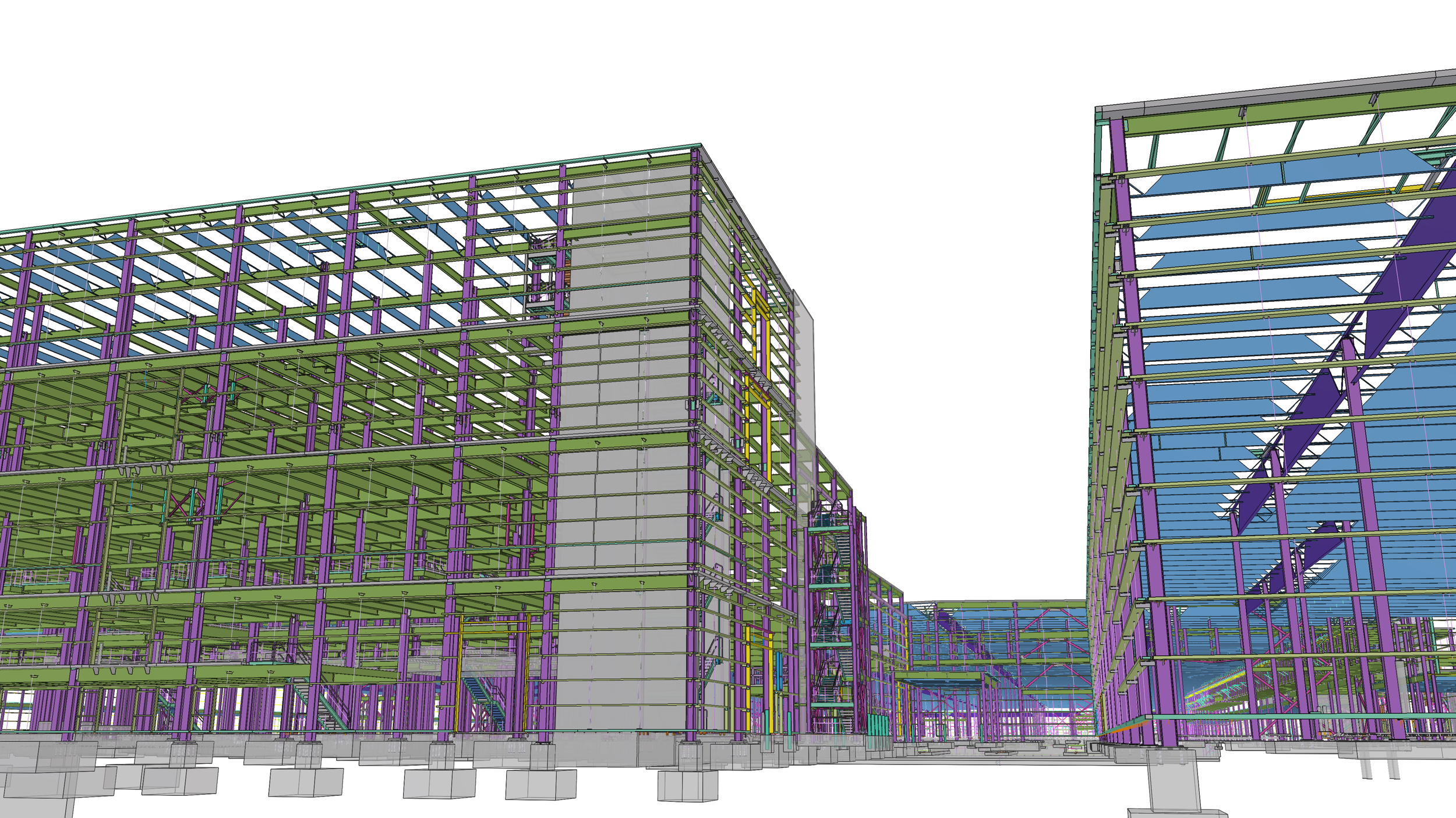 Digital structural model of a multi-story building under construction, showing framework in multiple colors including green, purple, and blue.