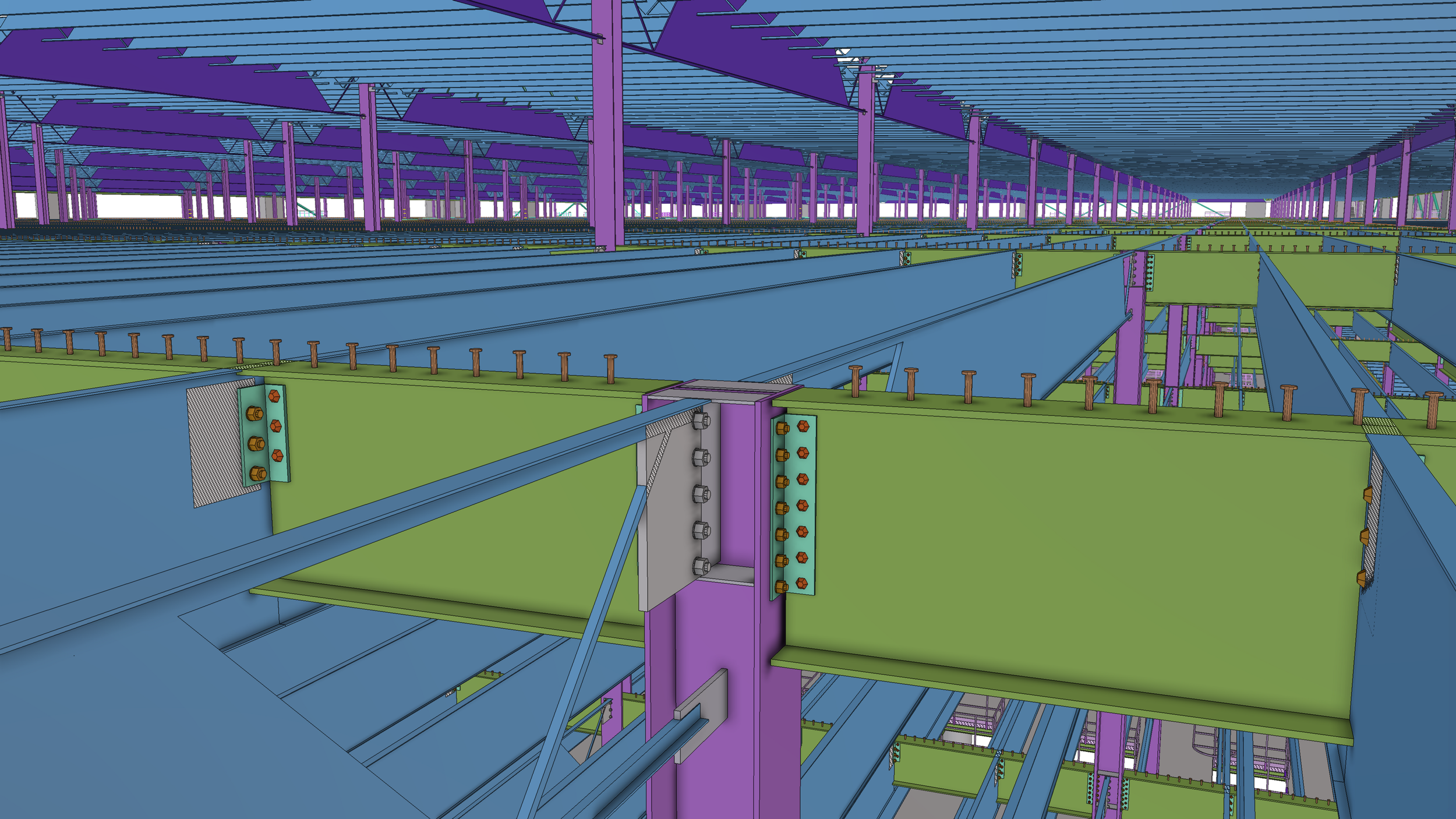 A digital rendering of a large industrial or warehouse structure with steel beams and supports in purple, blue, and green. The perspective shows the interior framework with steel columns, horizontal beams, and braces.