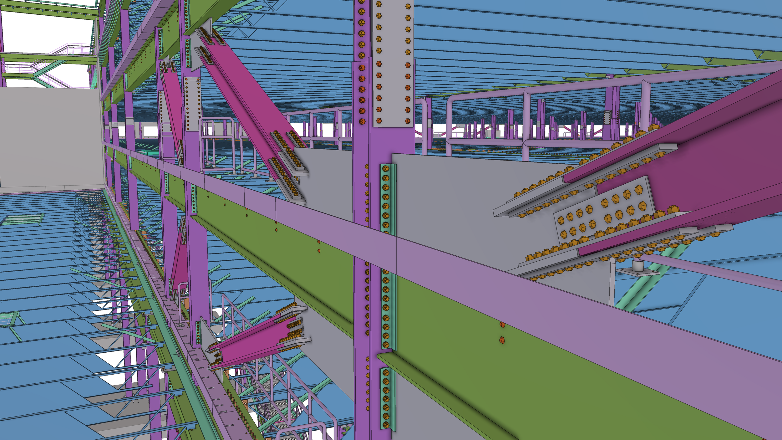A colorful digital rendering of an industrial steel framework structure with various beams, bolts, and supports in purple, green, gray, and blue, viewed from an upward perspective.