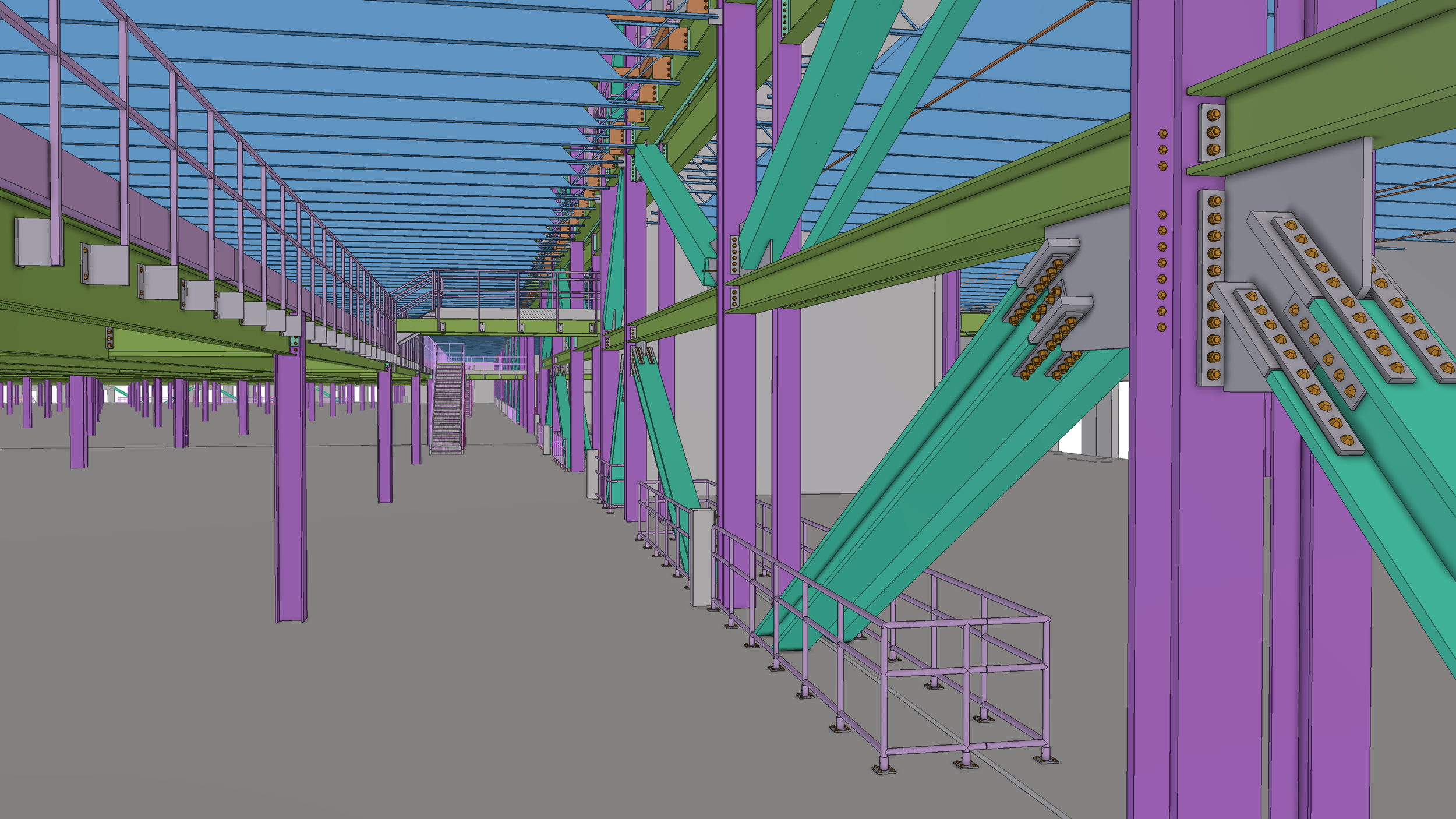 Colorful digital rendering of an indoor construction site featuring steel beams in purple, green, and blue, with stairs and fencing.