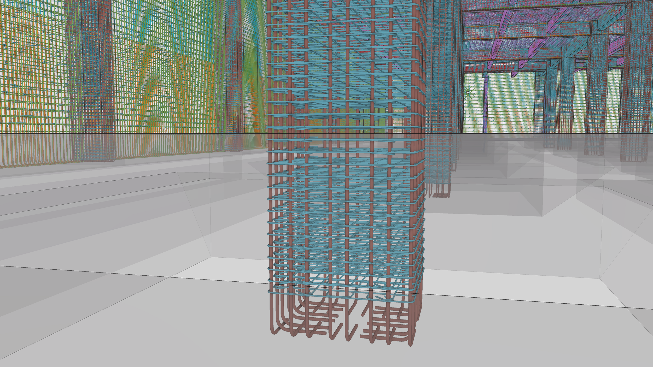 Digital architectural model showing a structure with a vertical steel rebar core, concrete walls, and color-coded framing and support beams in an open space.