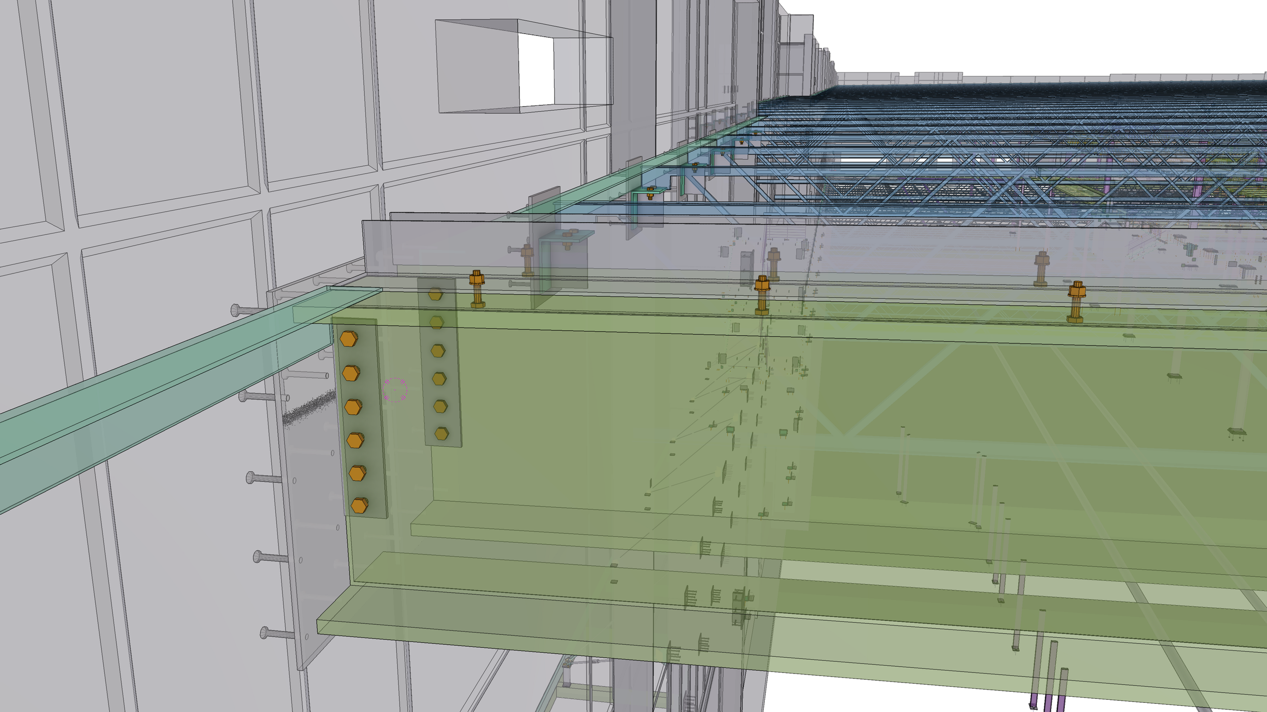 A detailed structural engineering digital model of a building focusing on steel framework, bolts, and architectural elements.