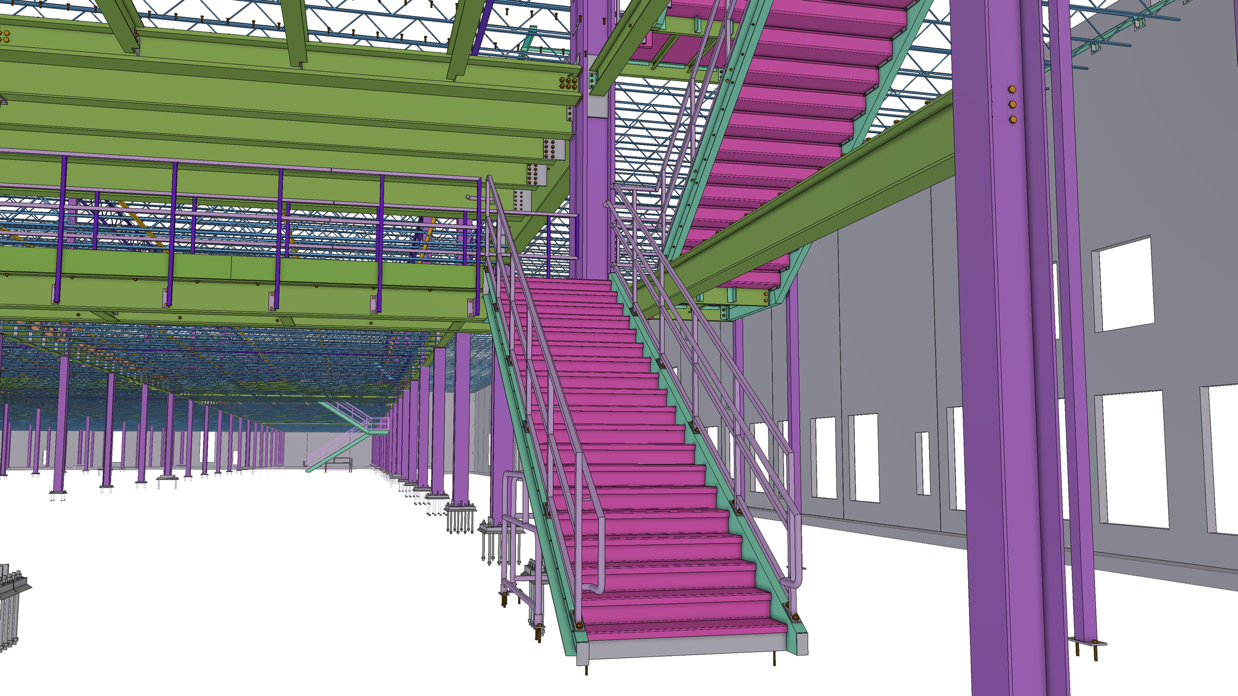 3D model of the interior framework of a building, showing colorful steel beams, staircases, and support structures in purple, green, pink, and gray.