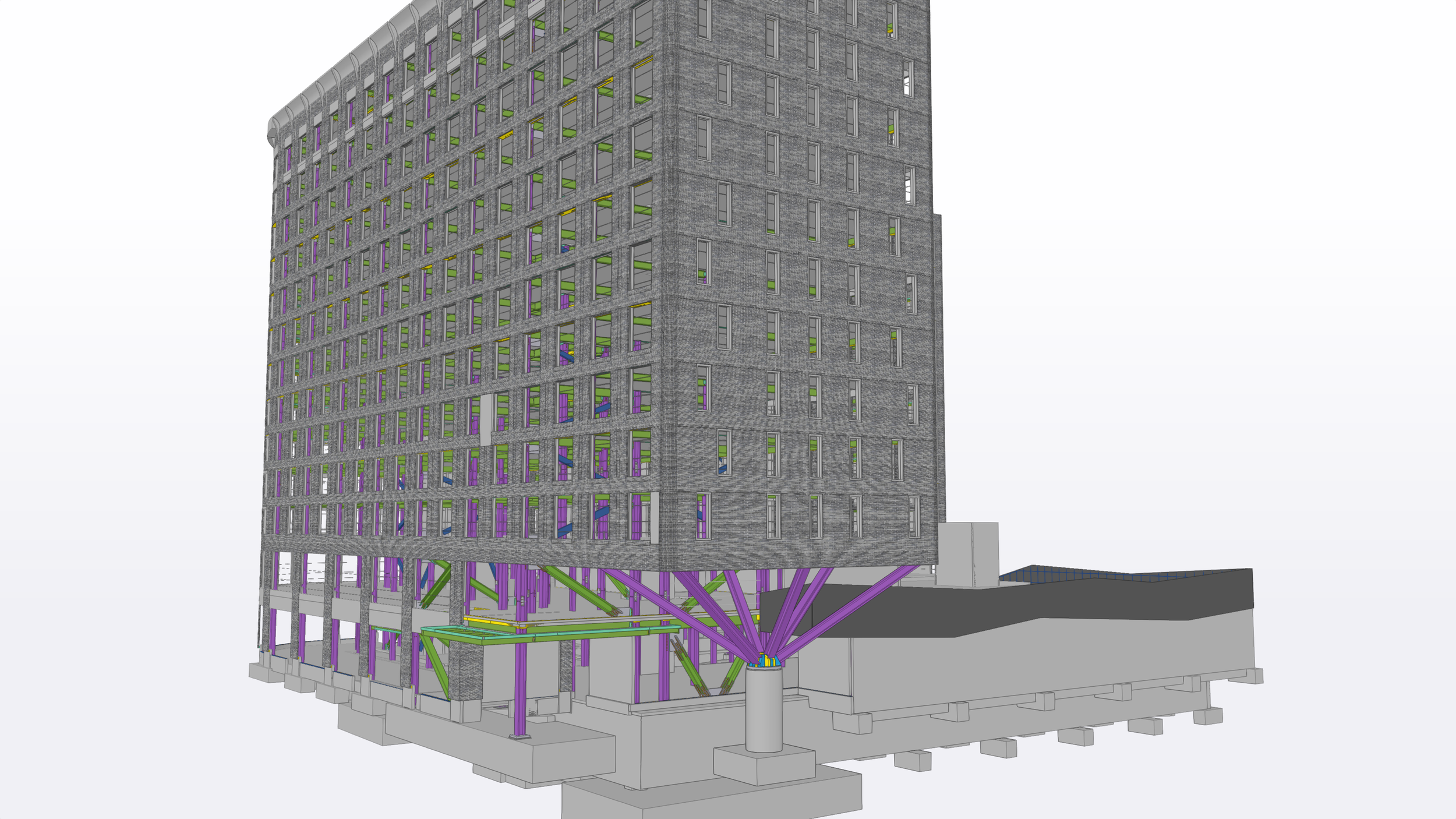 A digital architectural rendering of a high-rise building under construction with visible structural steel, beams, and foundation details.