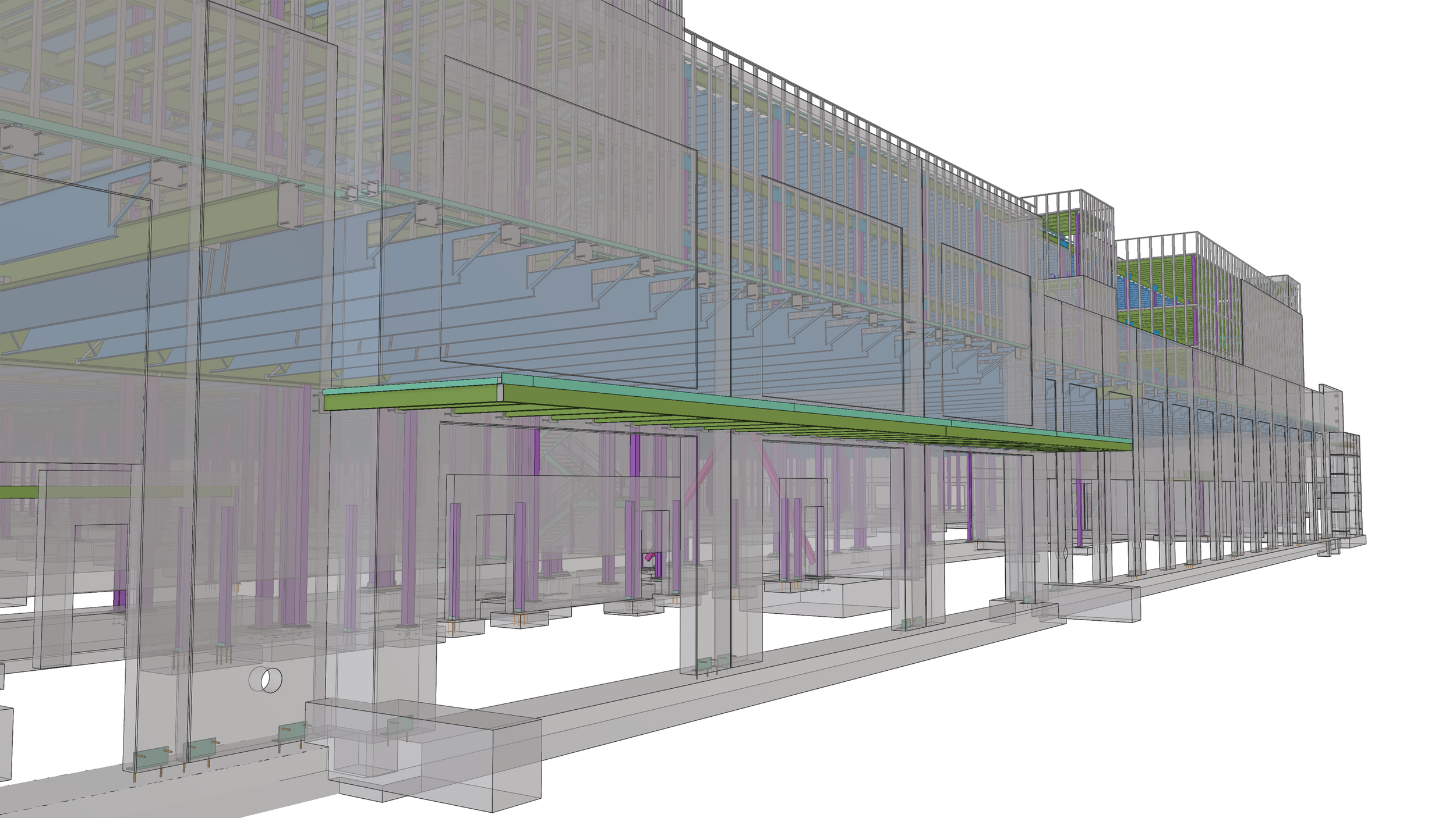 A detailed digital architectural rendering of a modern building's structural framework, including beams, columns, and floors, with visible staircases and railings.