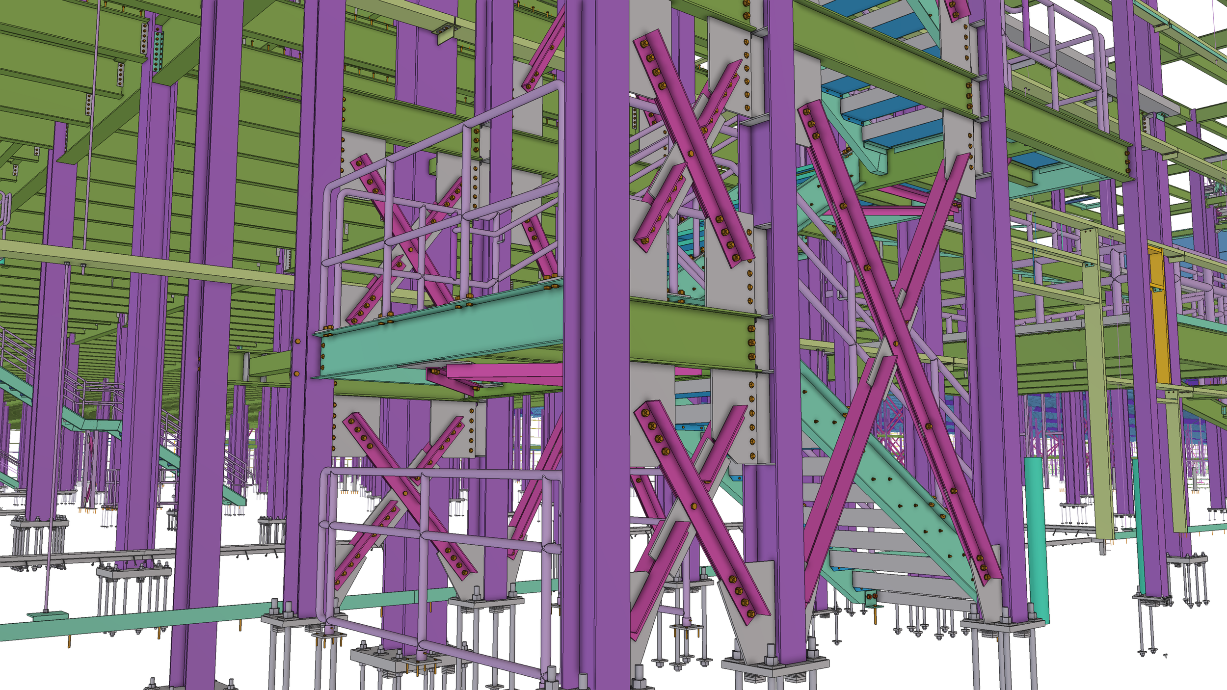 A digital engineering drawing of a complex structural framework with colorful components, including purple, green, and teal beams, and extensive use of bolts and support elements.