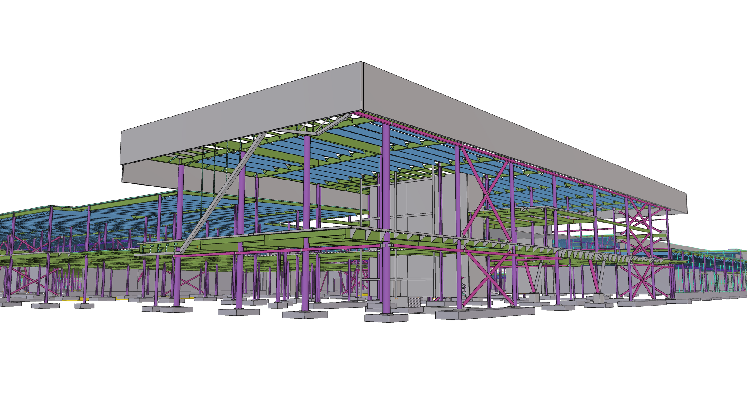 A digital architectural drawing of a multi-level building under construction, showing colorful structural steel framework, scaffolding, and support beams.