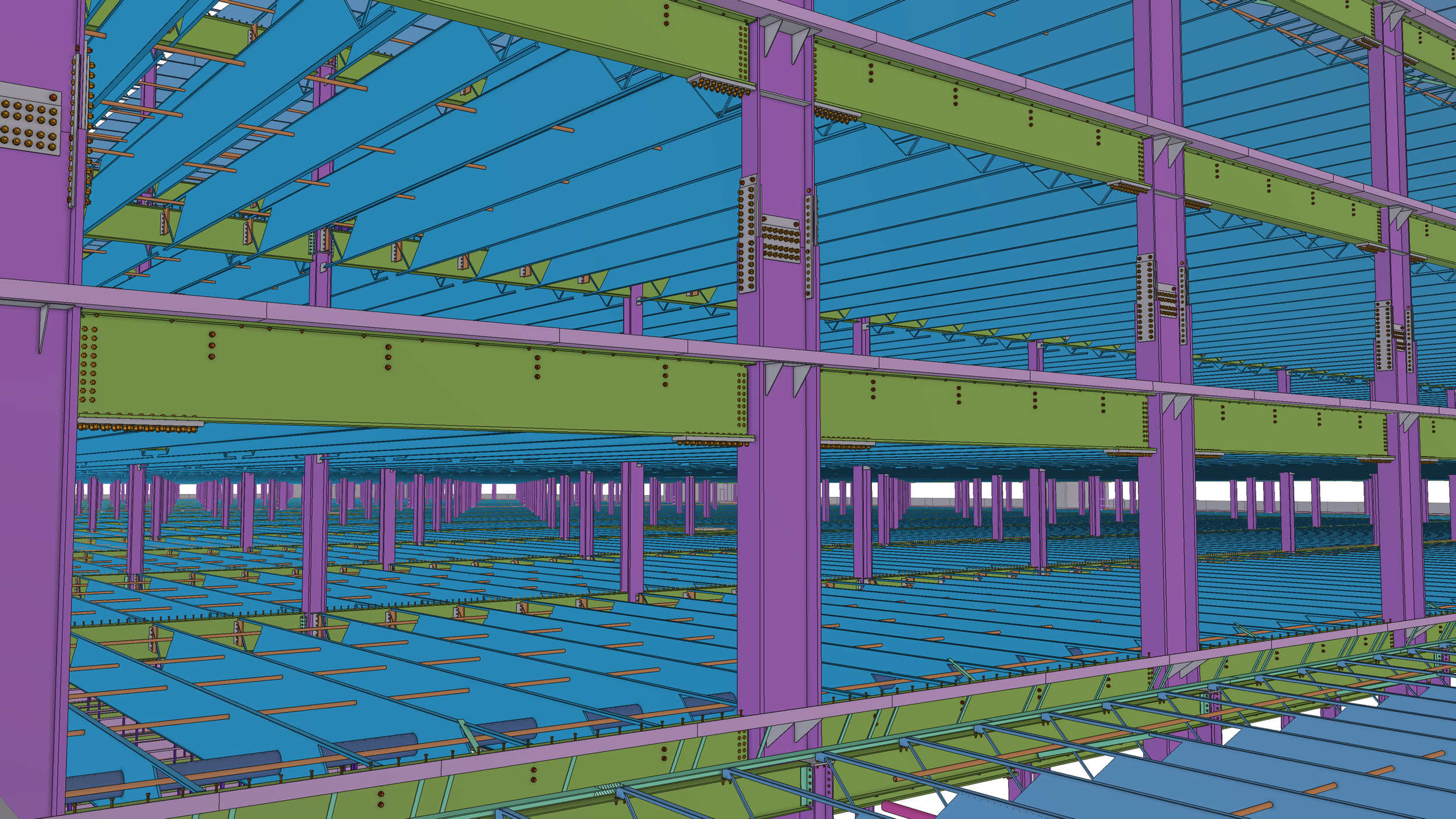 3D rendering of a multi-level steel building framework with purple columns, green horizontal beams, and blue floor decks, showing structural elements and construction details.