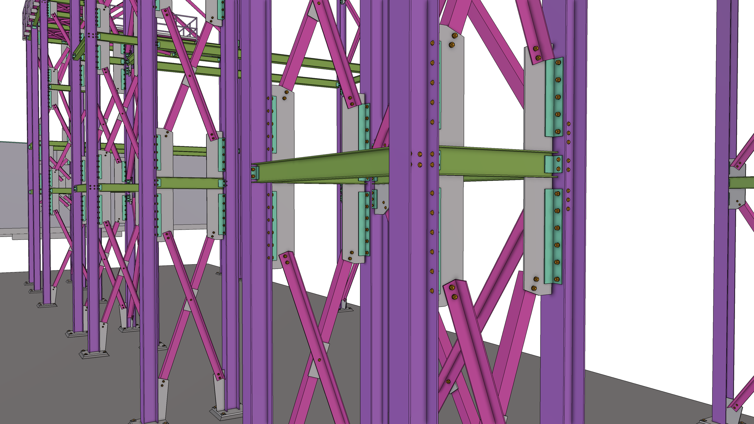 A digital rendering of a structural framework with multiple purple, green, and gray metal beams and braces, showing interconnected components and bolts.