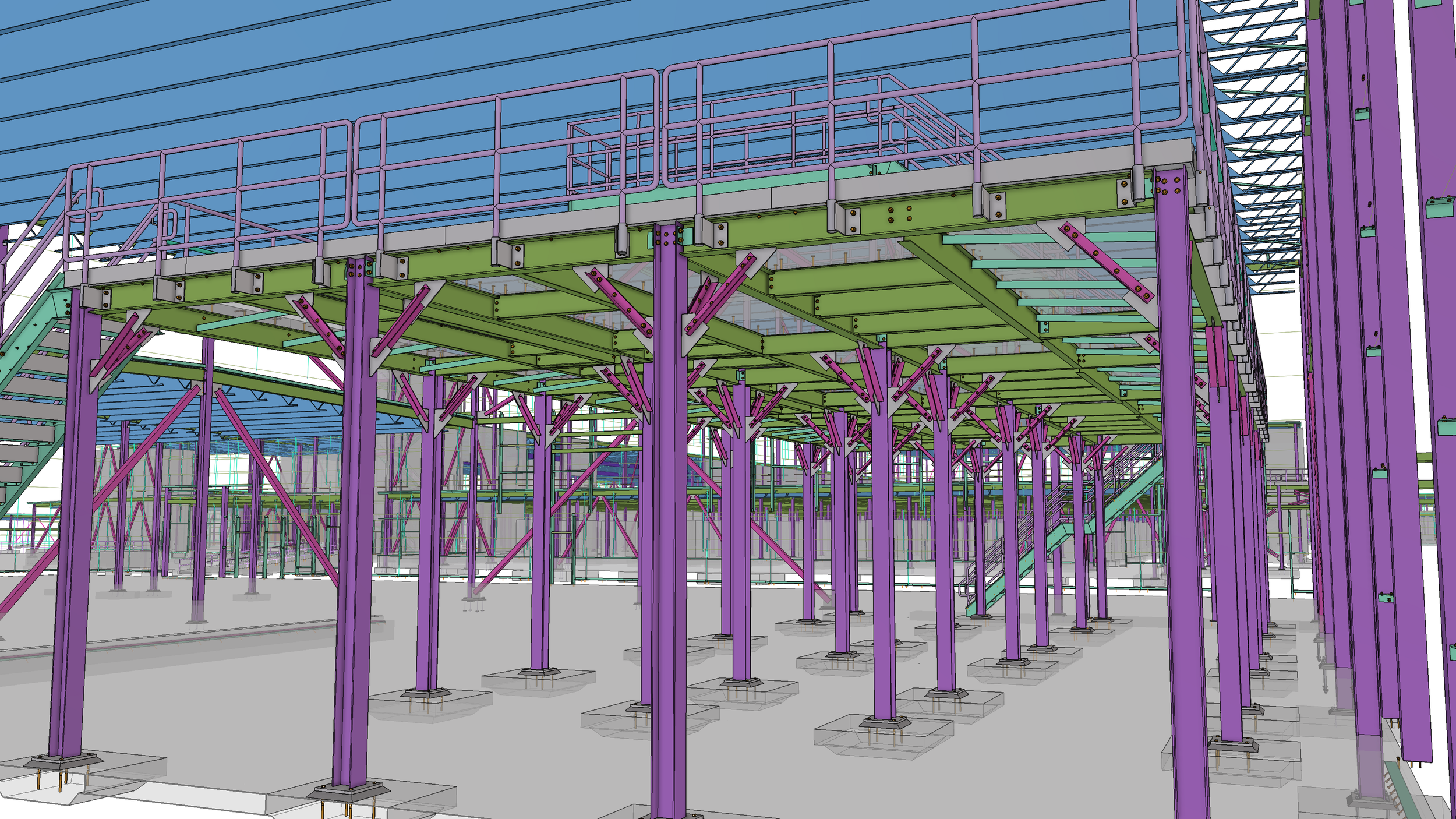 Digital rendering of a construction site showing a multilevel steel framework with purple and green support beams and staircases, and a blue sky background.