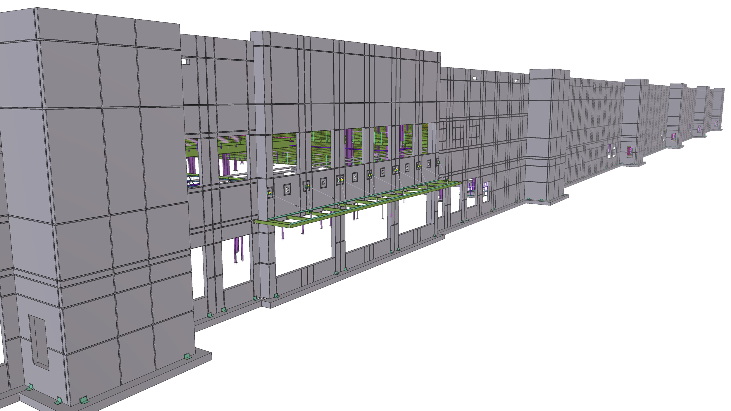 A 3D architectural model of a multi-story building facade under construction, showing window openings and structural framework.