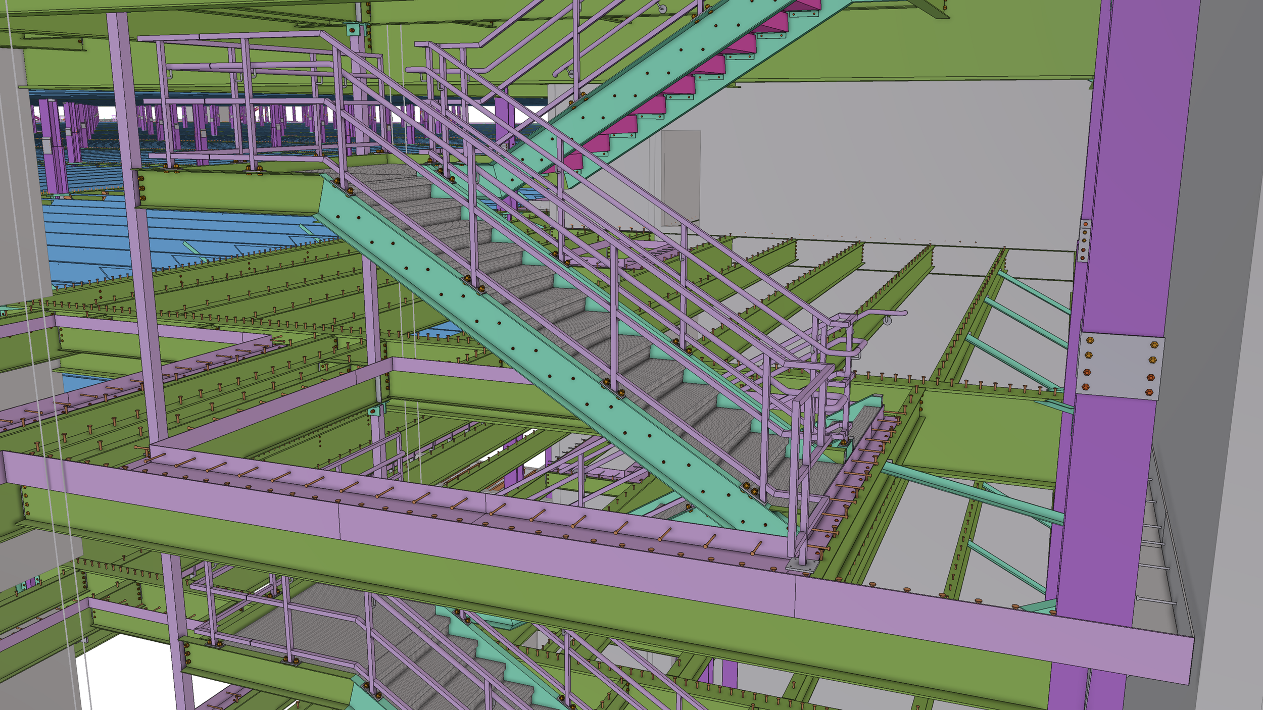 3D model of building interior showing staircases, railings, and structural framework in purple, green, and blue colors.