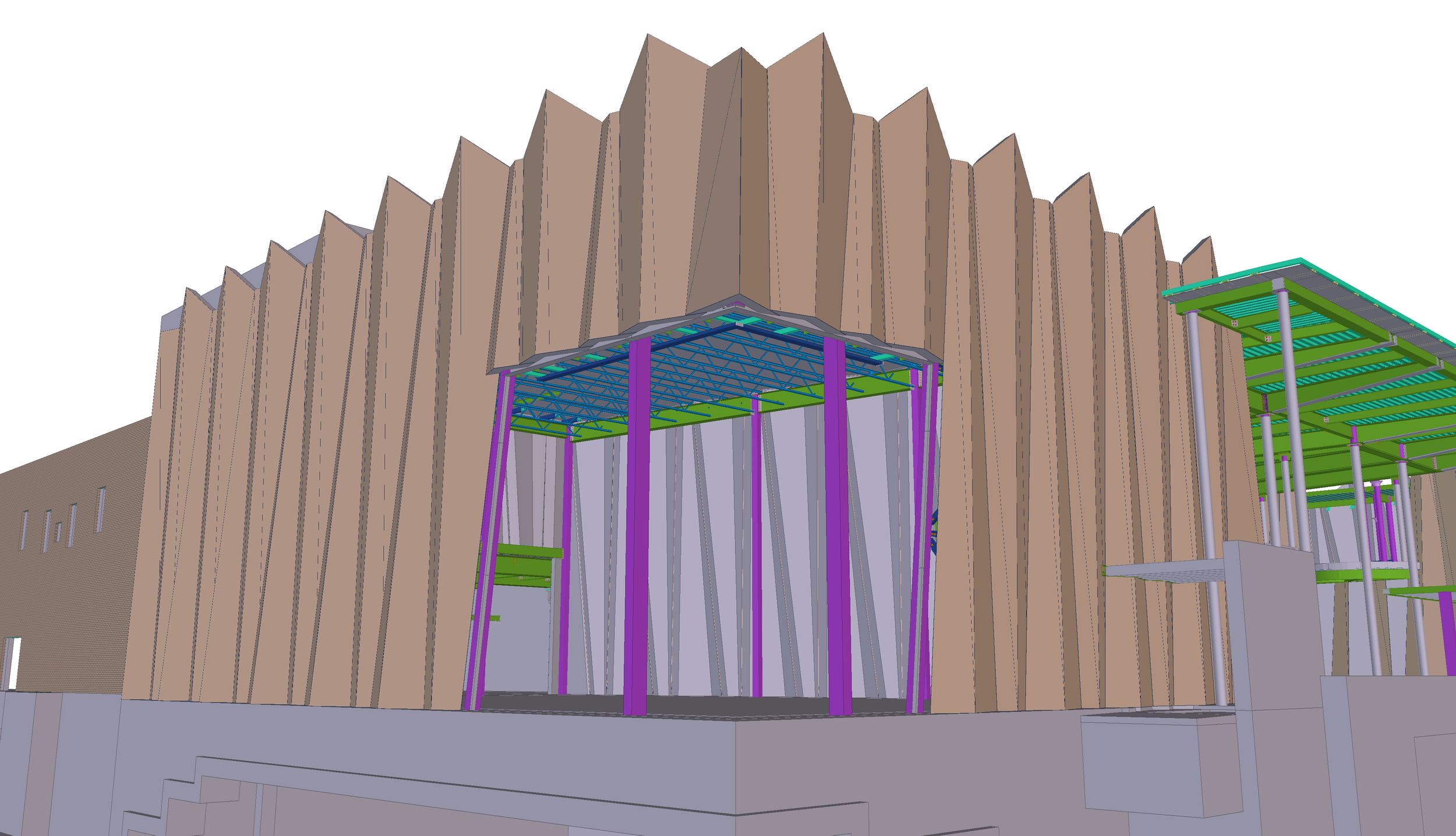 Rendering of a building under construction with a wooden facade and a structural steel framework visible underneath, supported by purple columns.