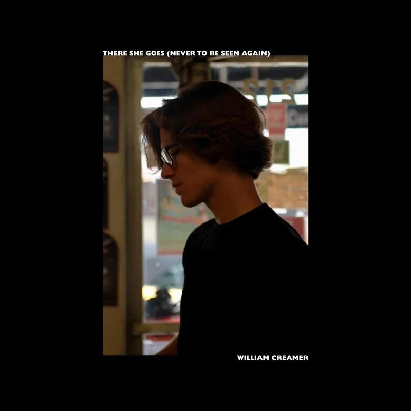 Side profile of William Creamer, wearing a black shirt, indoors with a window and posters in the background. The text overlay says "There She Goes (Never to Be Seen Again)".