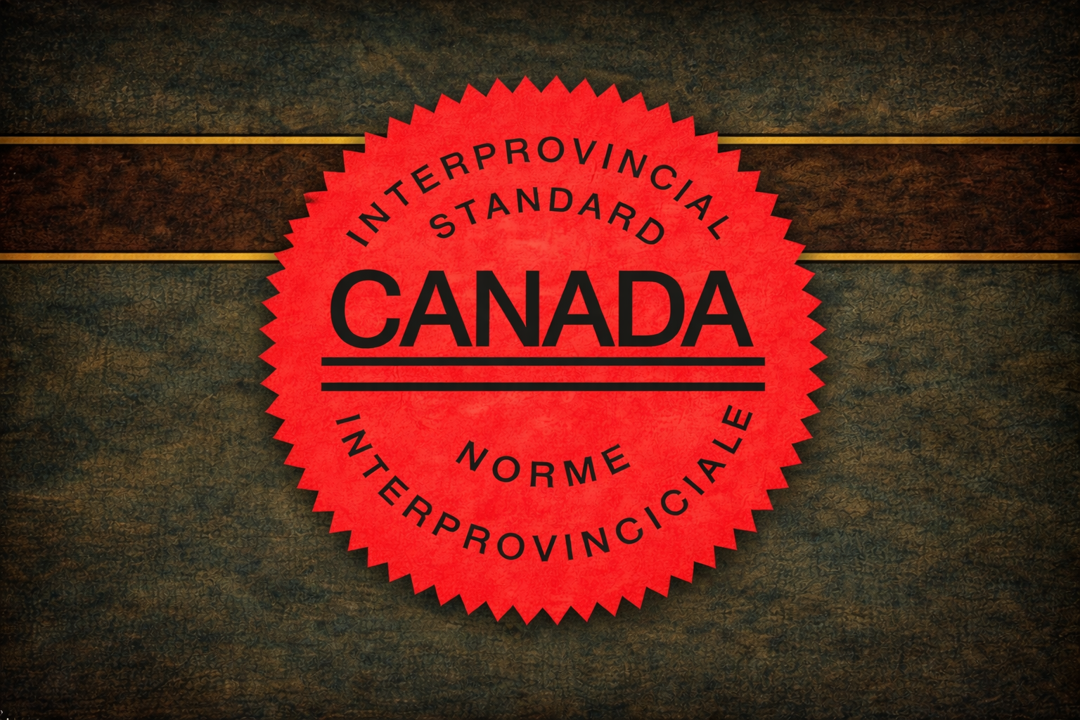 A red circular stamp reads 'Interprovincial Standard Canada Norme' in black text on a textured dark background with gold horizontal lines.